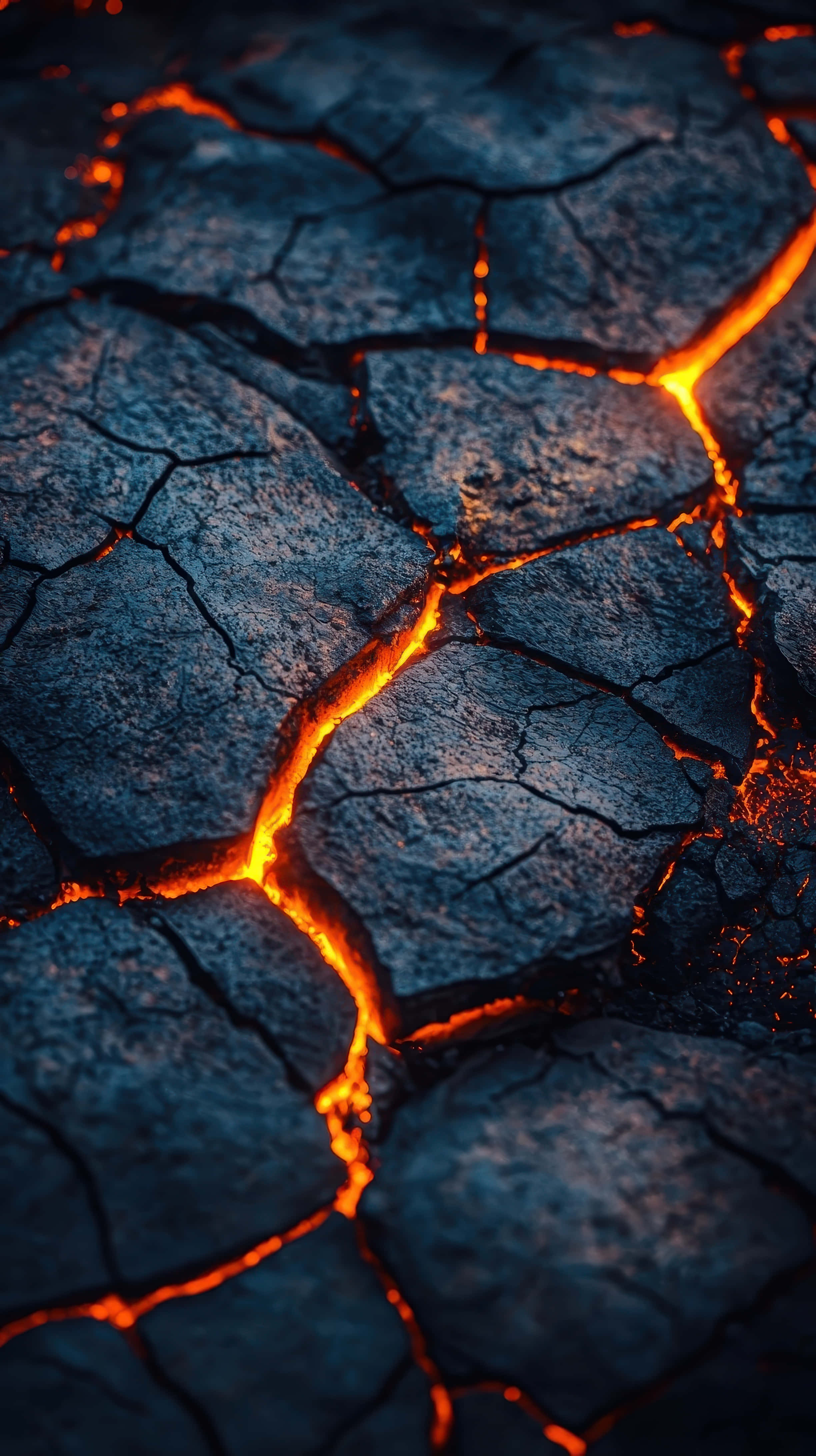 cracked volcanic earth, glowing molten lava fissures, vibrant orange molten lava, 4K Phone Wallpaper