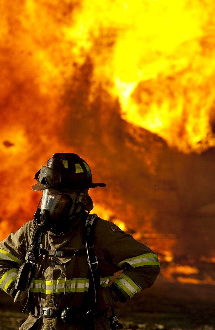 firefighters, full gear, roaring orange flames, SD Phone Wallpaper