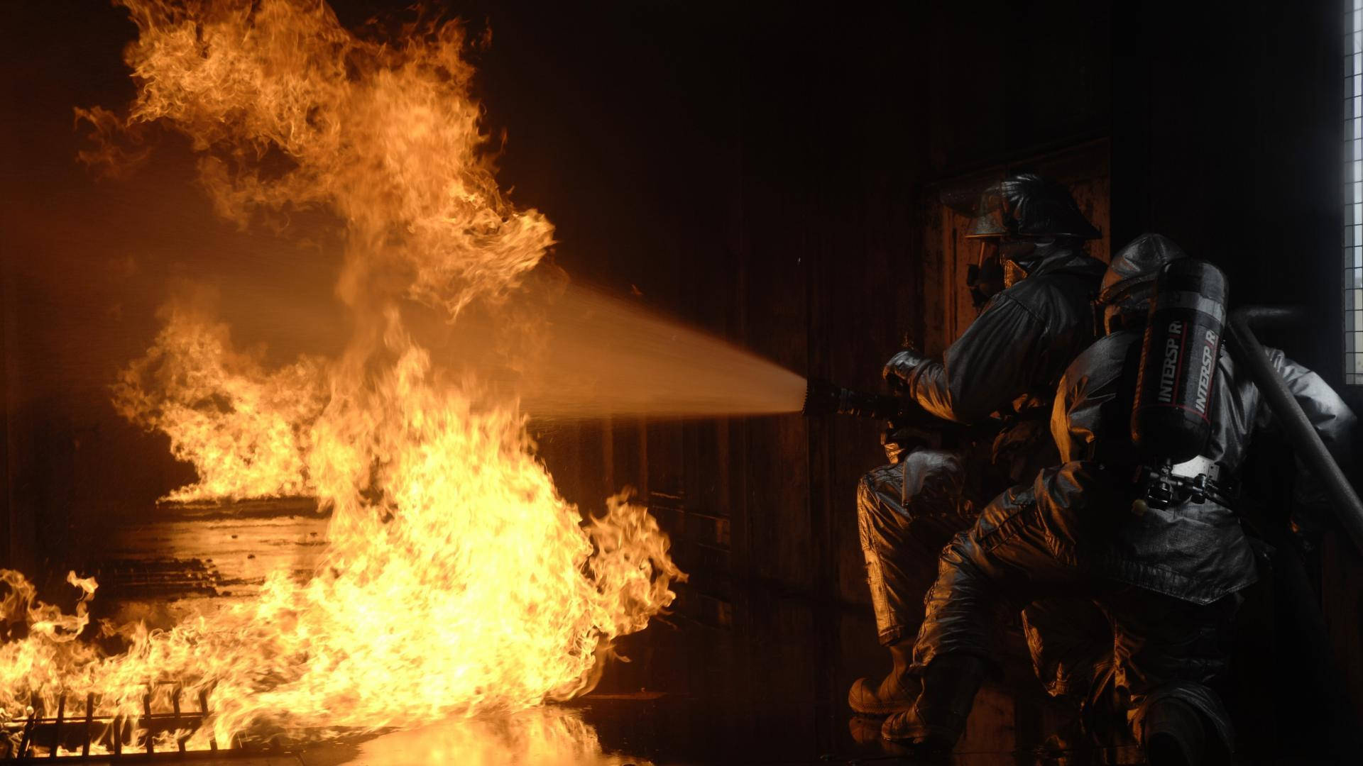 firefighters, full gear, roaring blaze, Full HD Desktop Wallpaper