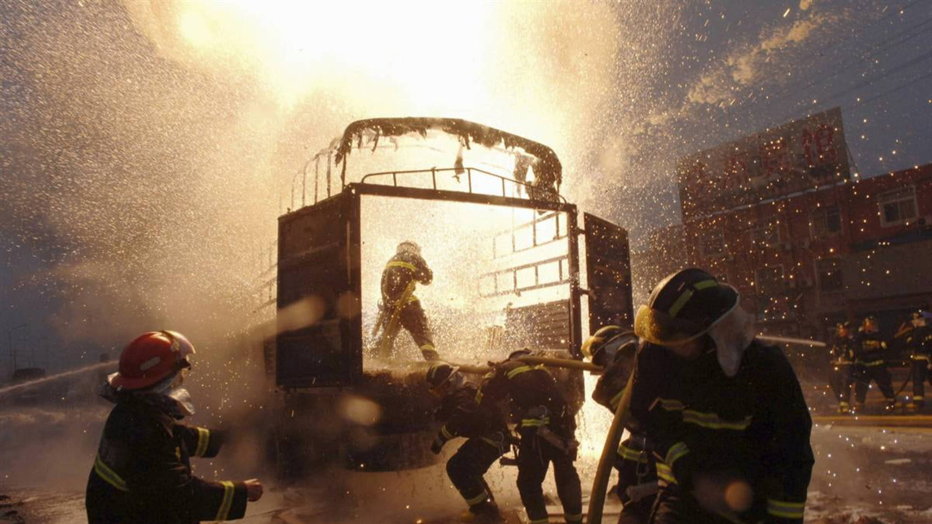Firefighters, burning vehicle, night, Full HD Desktop Wallpaper