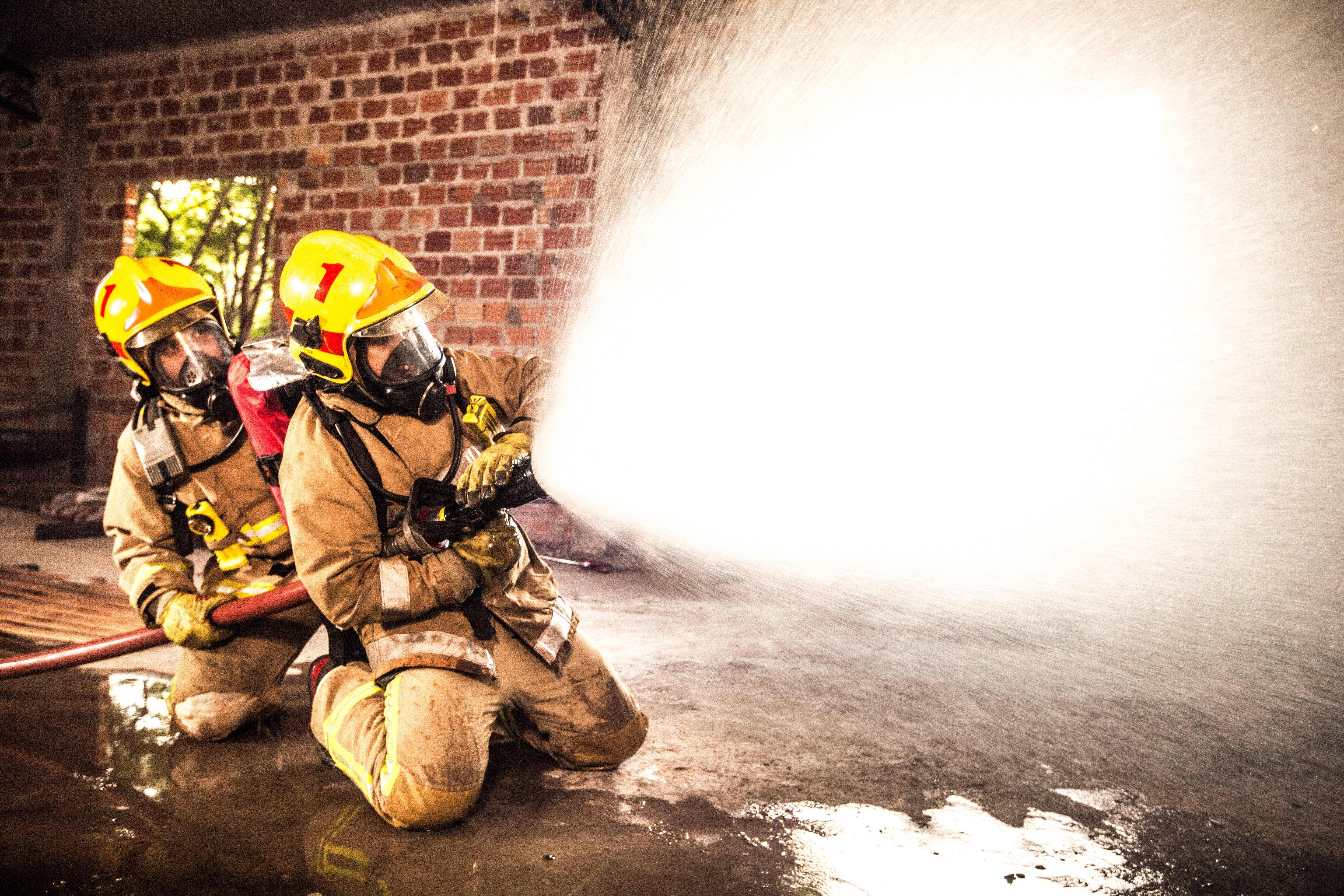 firefighters, full gear, water hose, 5K Desktop Wallpaper