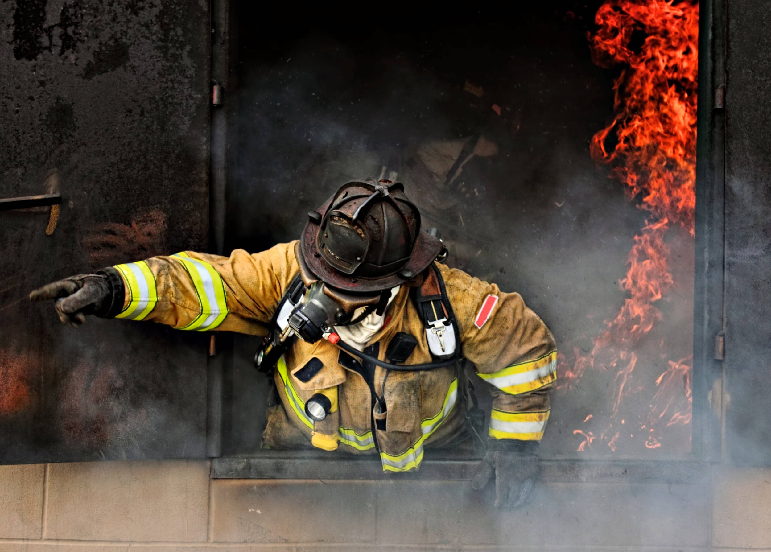 firefighter, full gear, burning doorway, Full HD Desktop Wallpaper