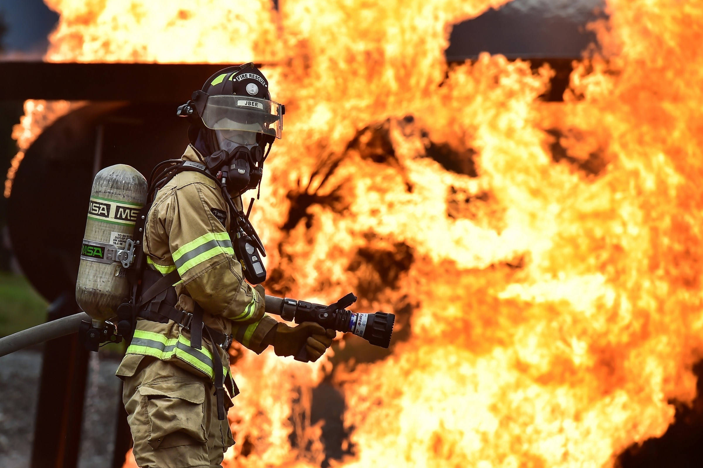 firefighter, full gear, roaring blaze, Full HD Desktop Wallpaper