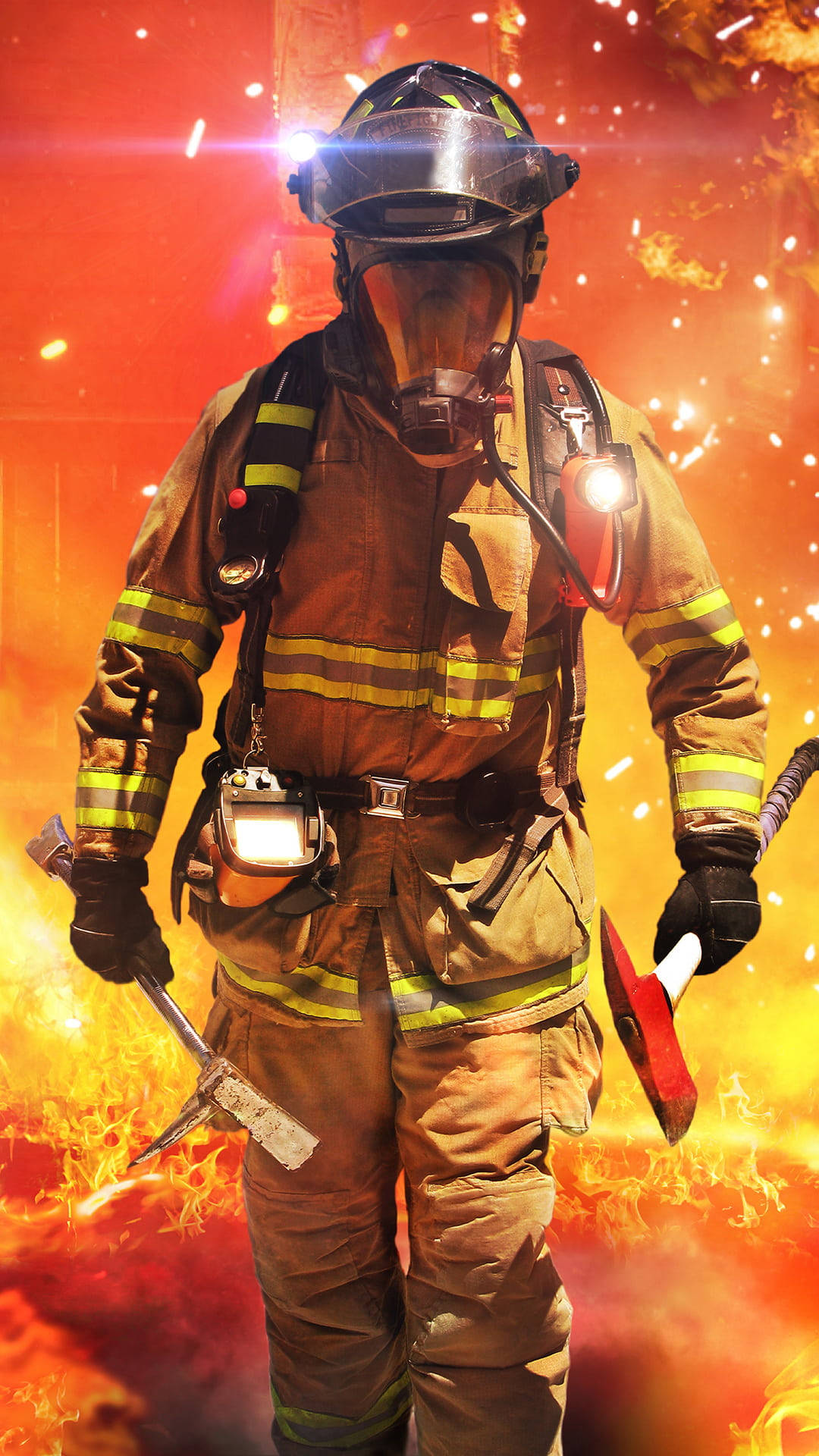 firefighters, full gear, roaring flames, Full HD Phone Wallpaper