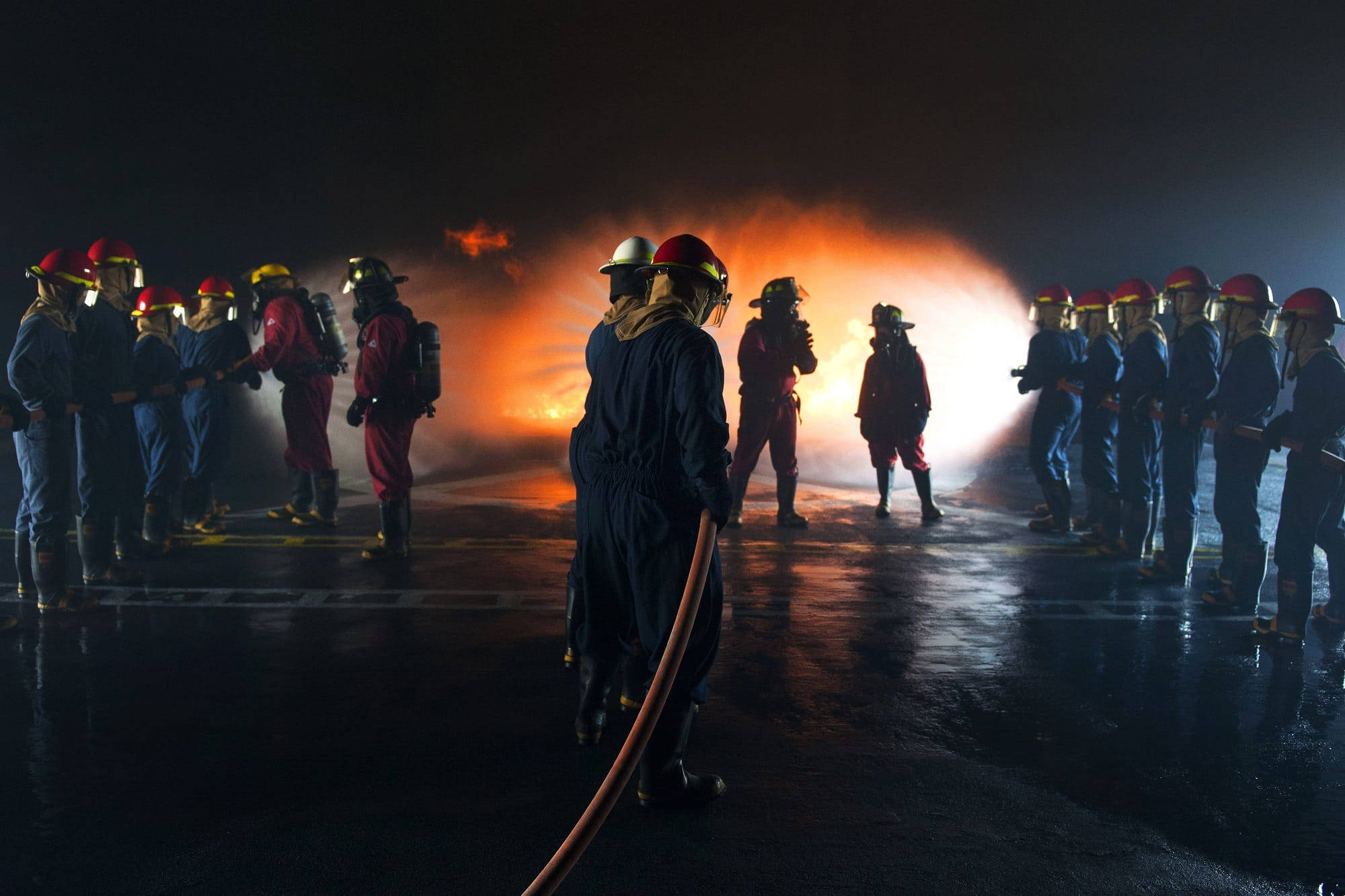 Firefighters, full gear, night, Full HD Desktop Wallpaper
