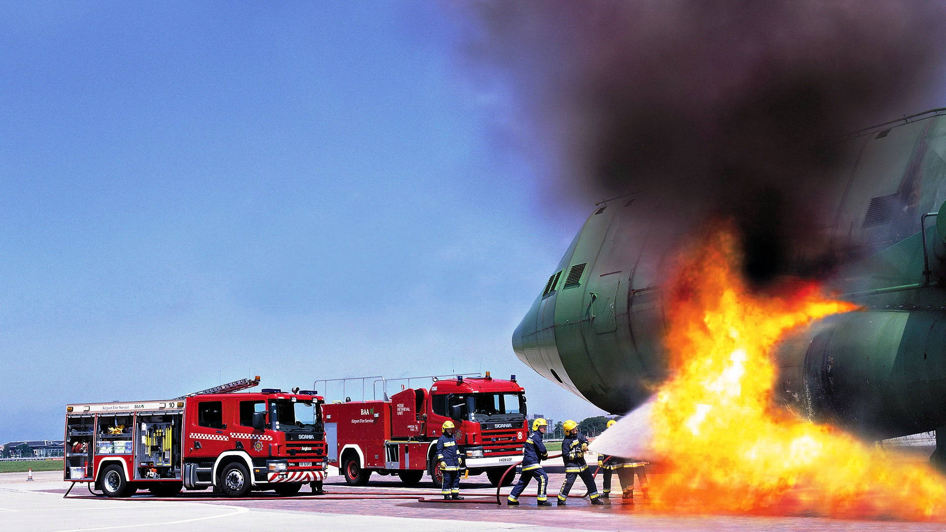 firefighters, aircraft, airport tarmac, Full HD Desktop Wallpaper