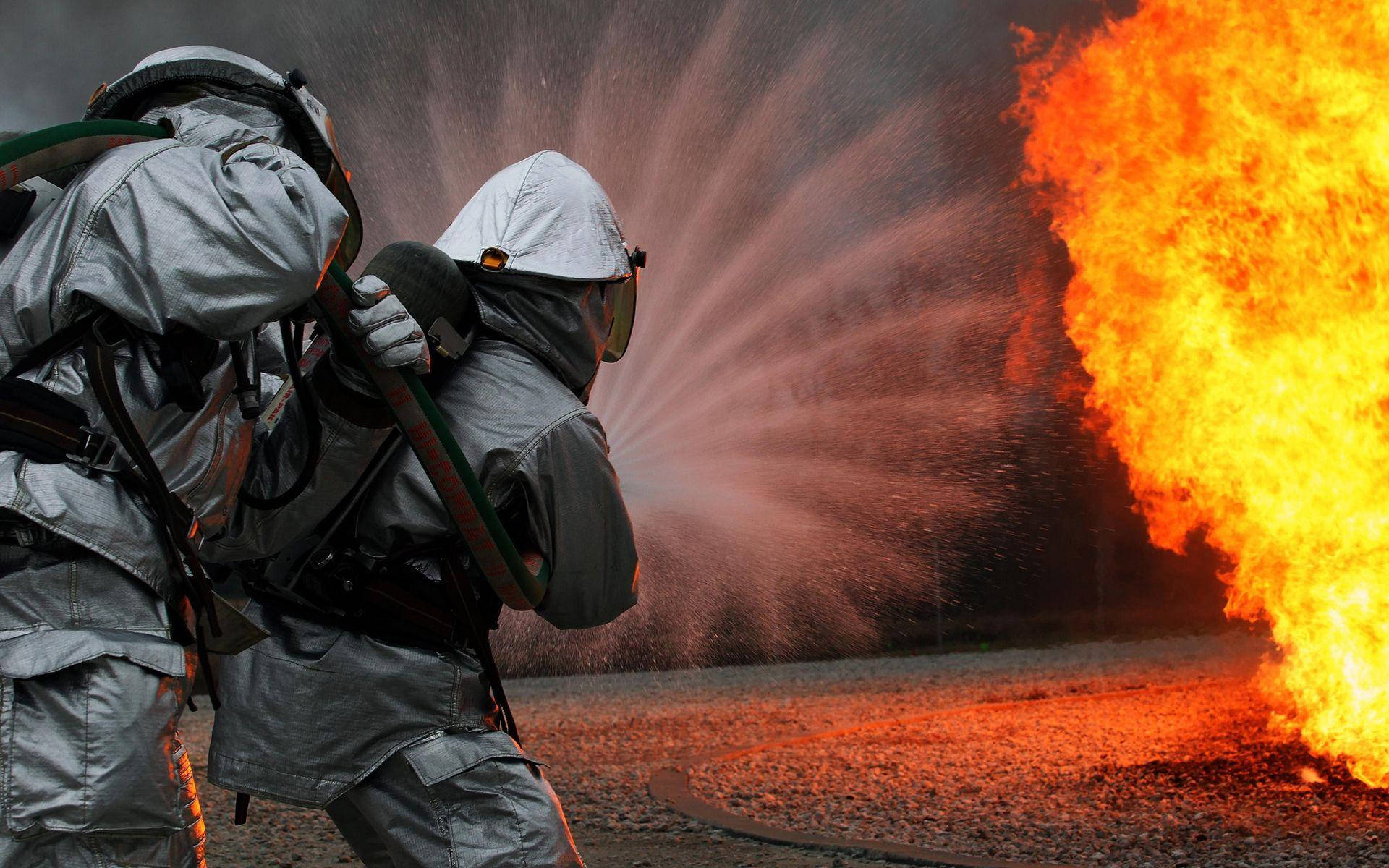 firefighters, full gear, roaring orange flame, Full HD Desktop Wallpaper