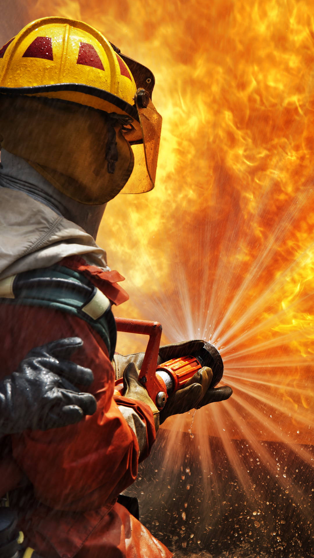 firefighters, fire hose, full gear, Full HD Phone Wallpaper