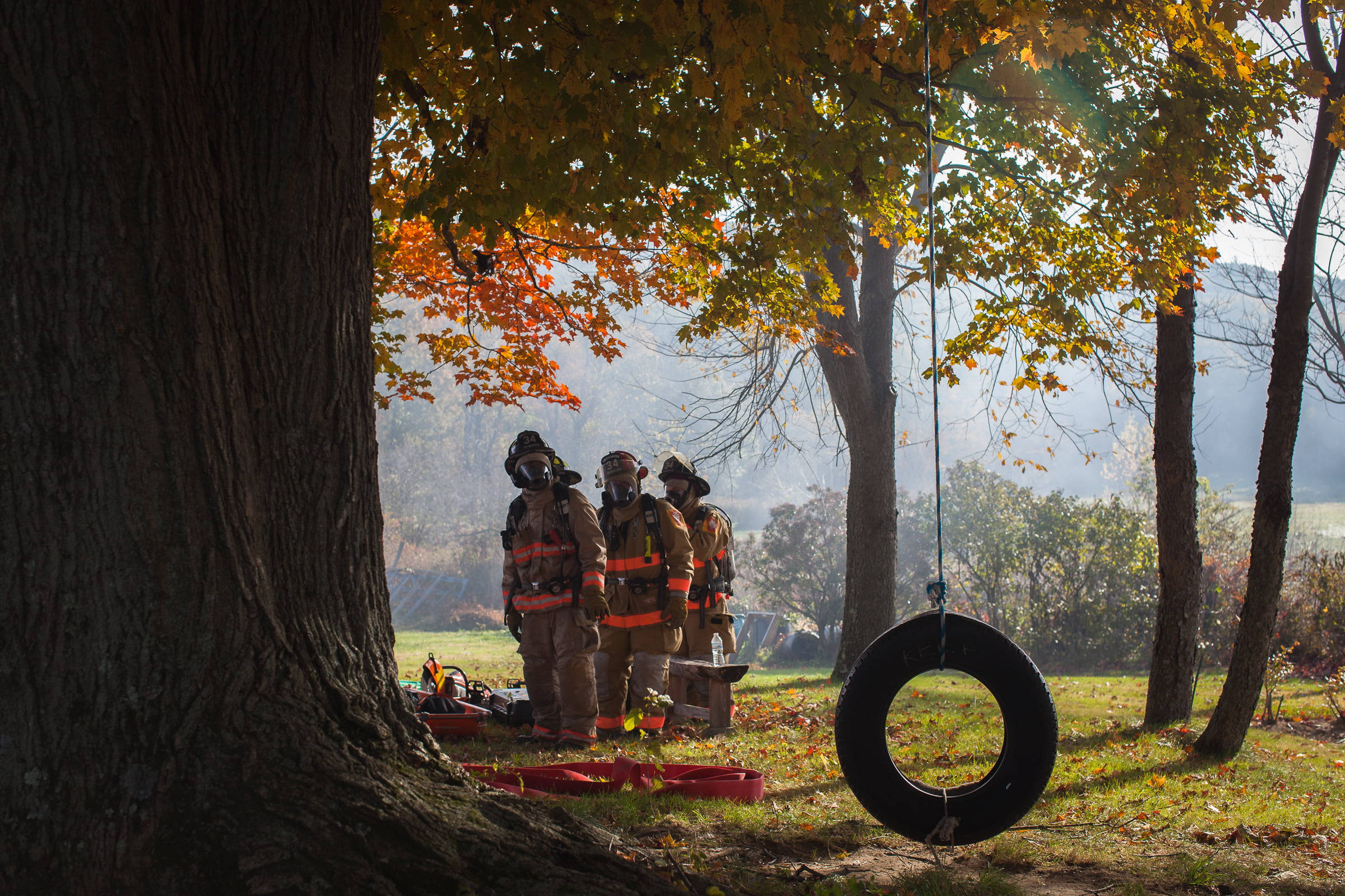 firefighters, full gear, autumn trees, Full HD Desktop Wallpaper