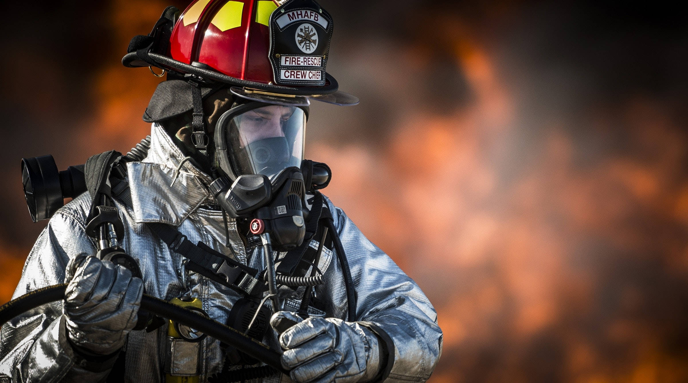 fireman, silver firefighter s tunic, roaring flames, Full HD Desktop Wallpaper