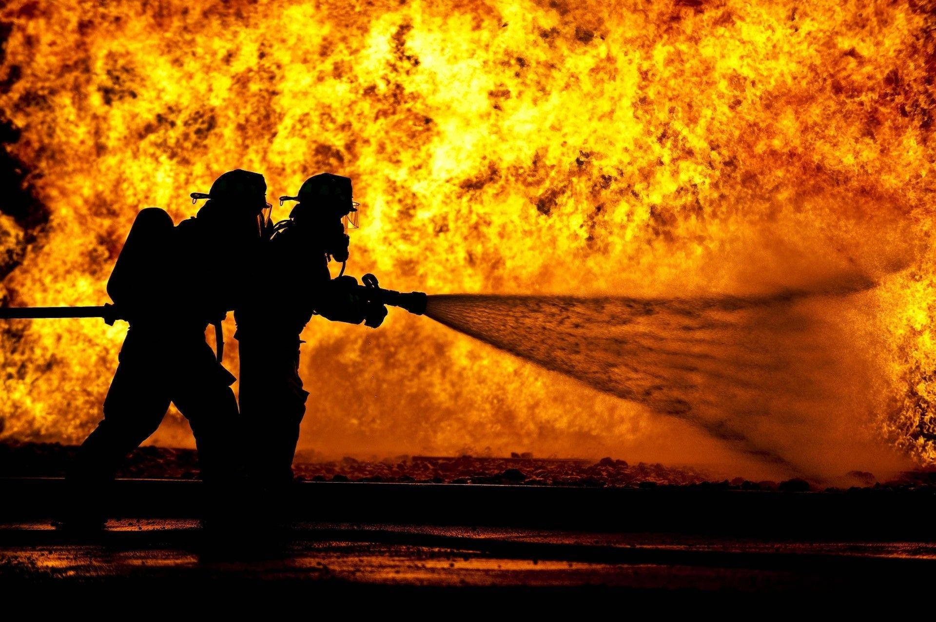 firefighters, roaring blaze, powerful water stream, Full HD Desktop Wallpaper