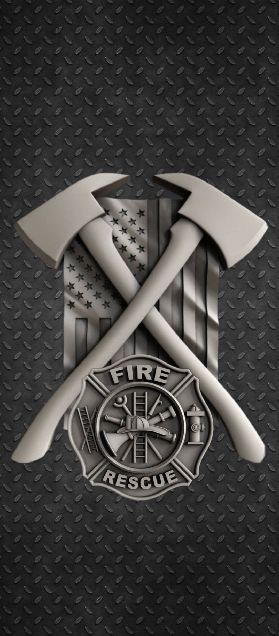 metallic gray, firefighters logo, crossed fire axes, Full HD Phone Wallpaper