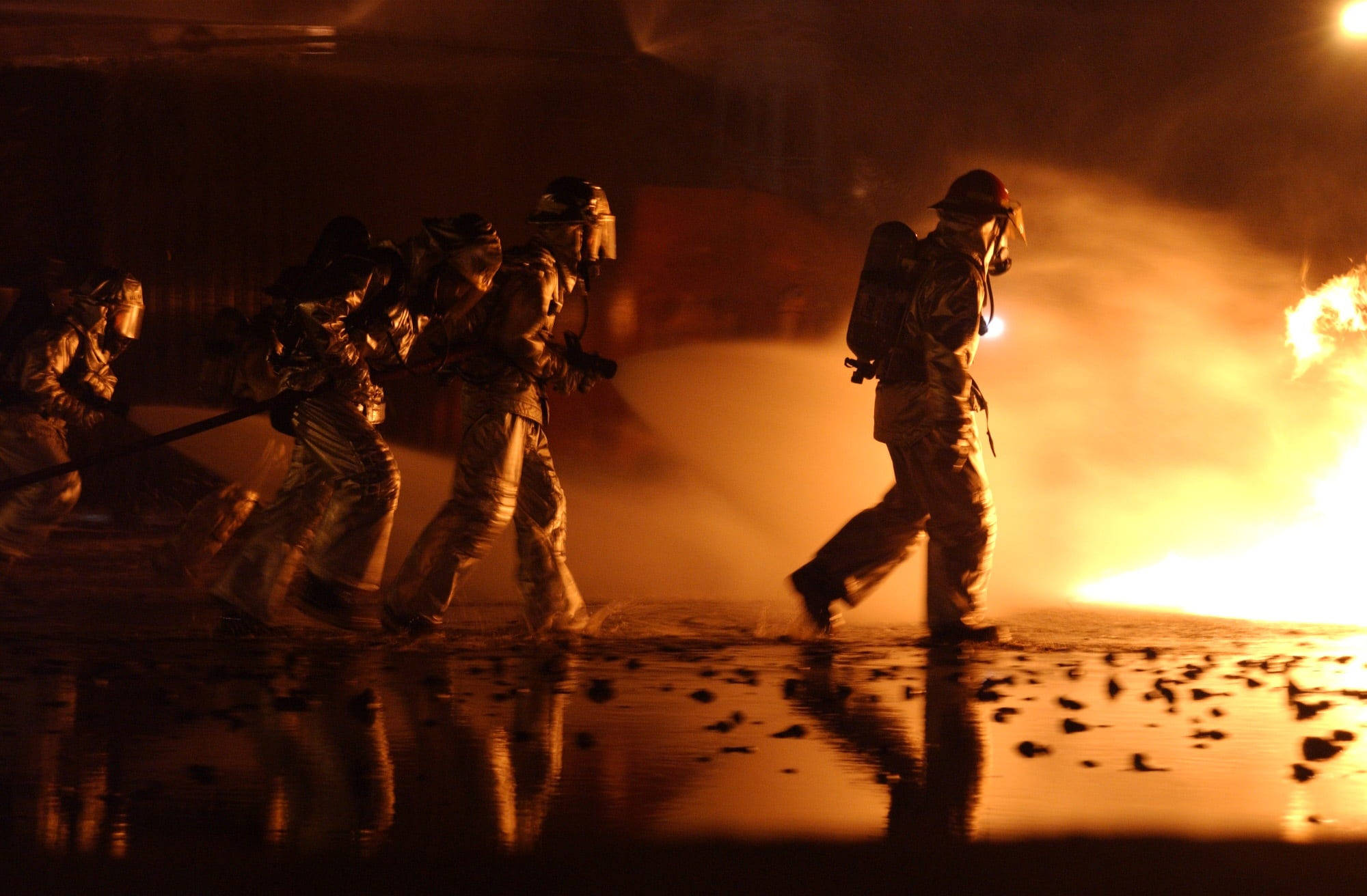 four firefighters, full gear, raging fire, Full HD Desktop Wallpaper