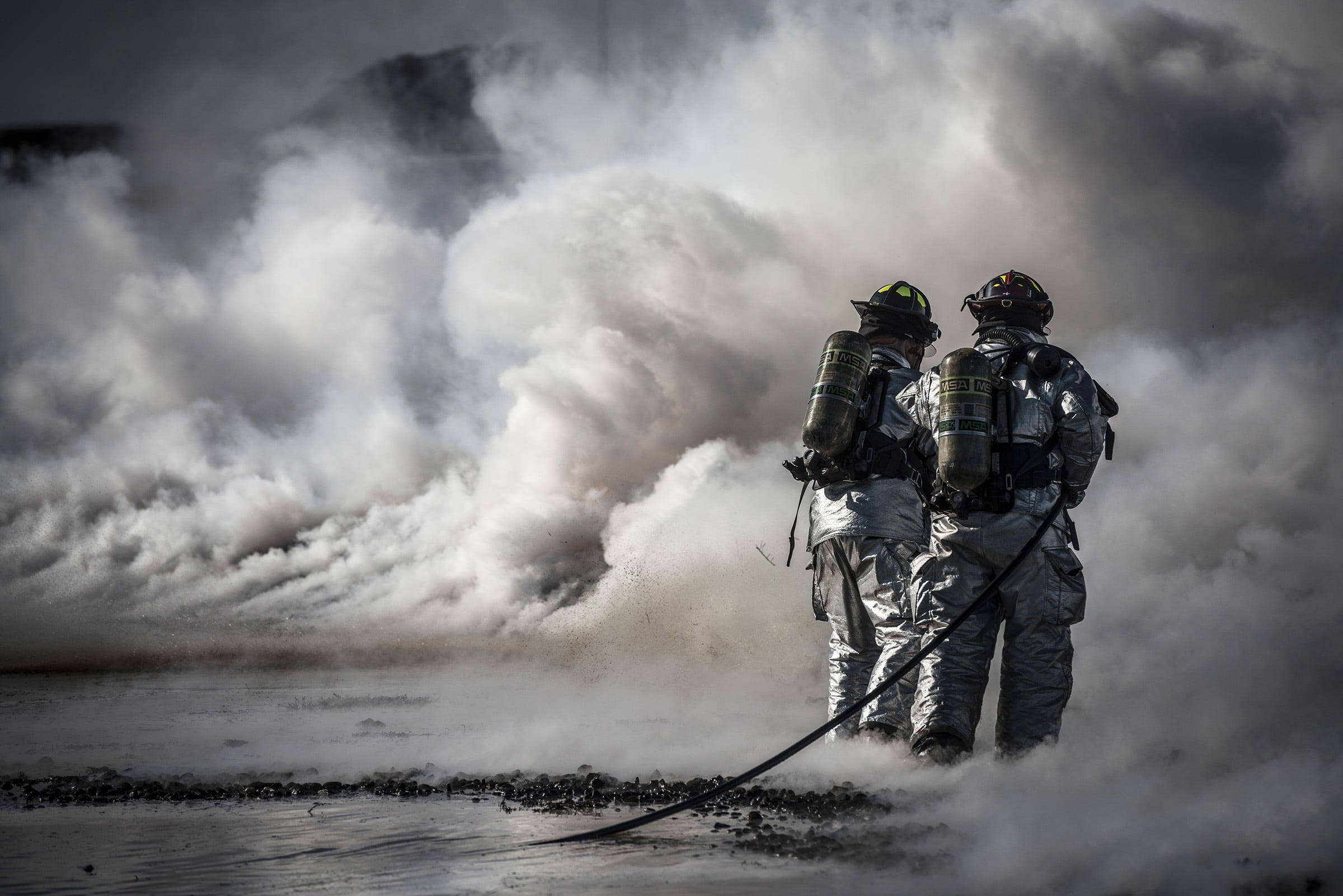 firefighters, full gear, thick smoke, Full HD Desktop Wallpaper