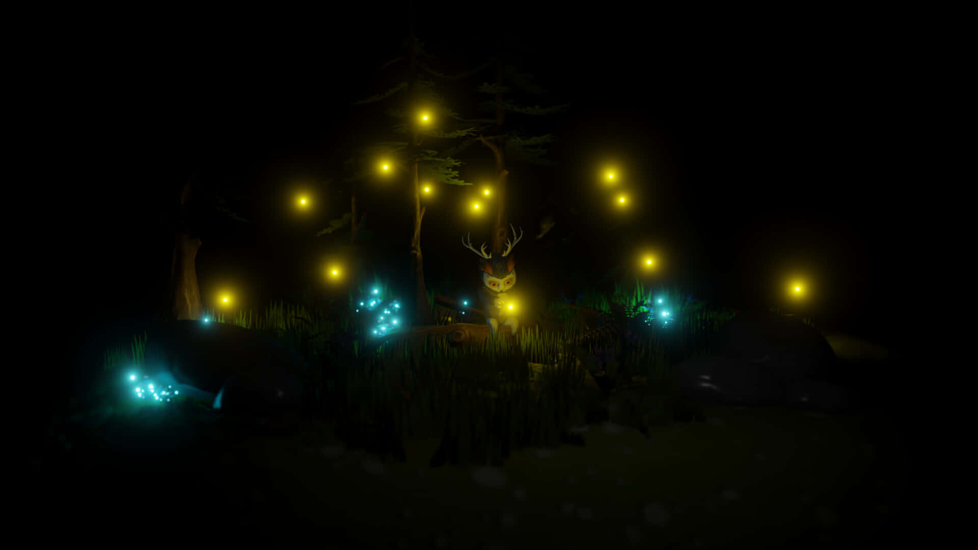 Firefly HD, glowing deer, dark forest, Full HD Desktop Wallpaper