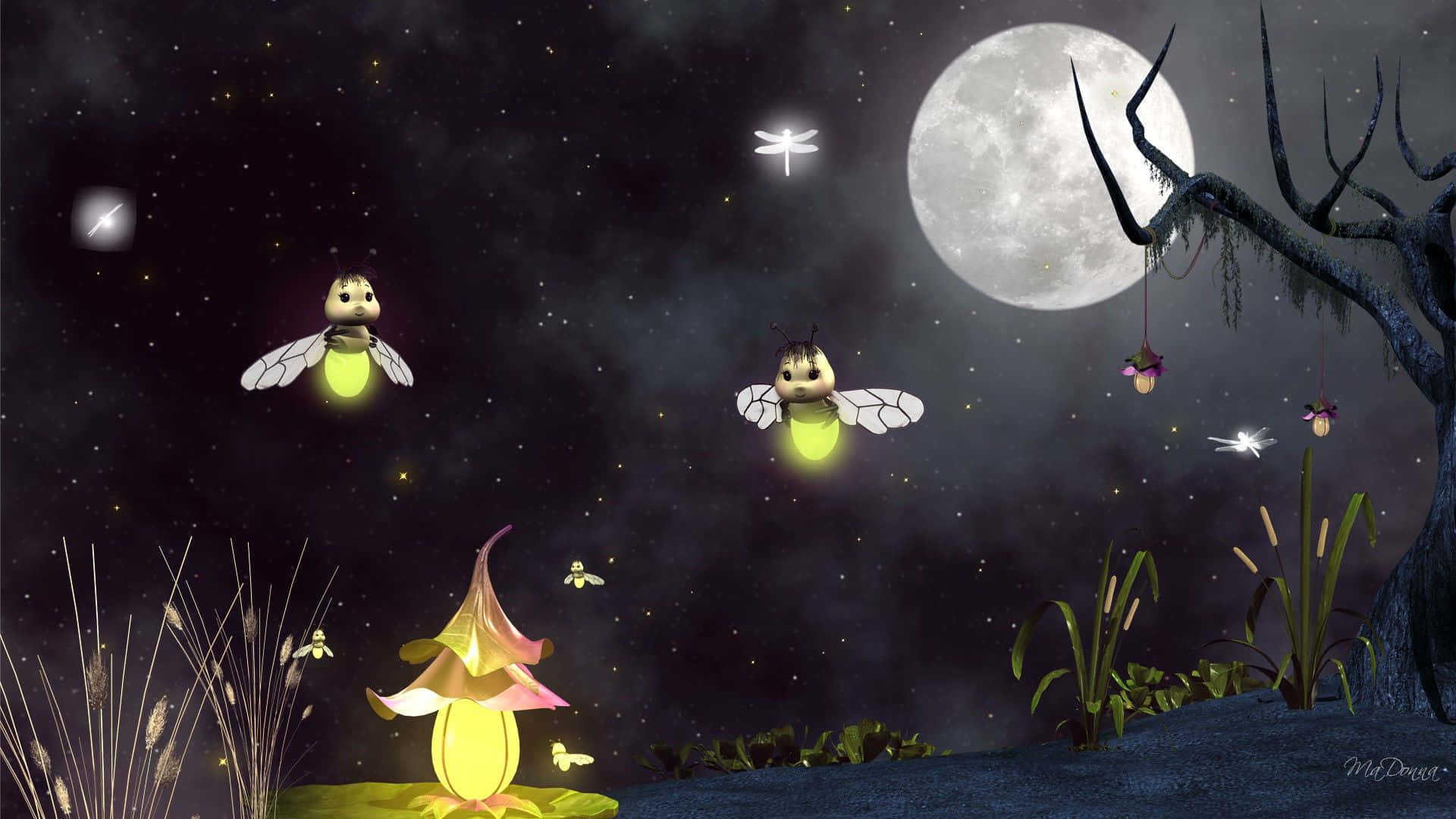 Firefly HD, full moon, mystical glowing mushroom, Full HD Desktop Wallpaper