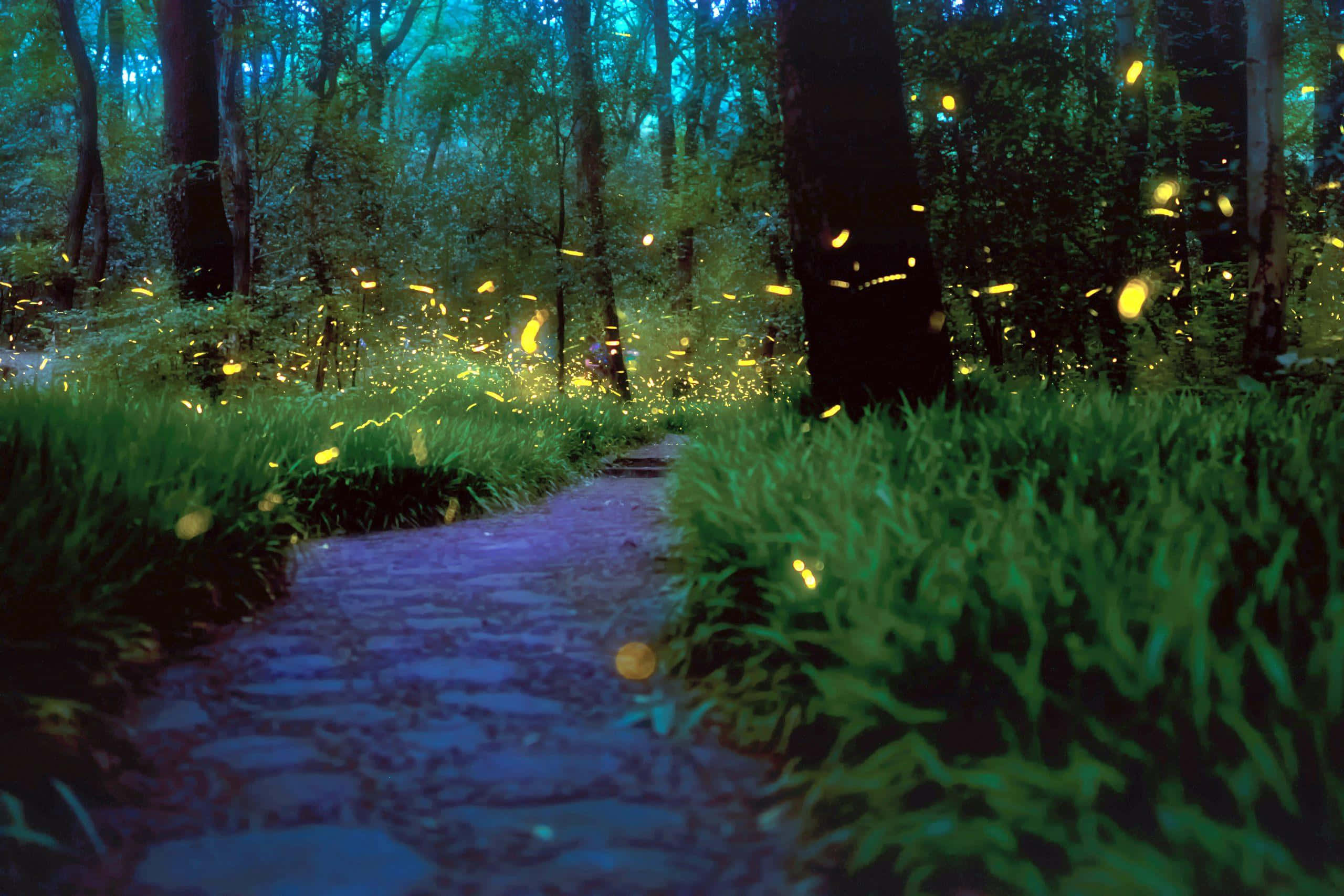Firefly HD, twilight, mystical forest path, 2K Desktop Wallpaper