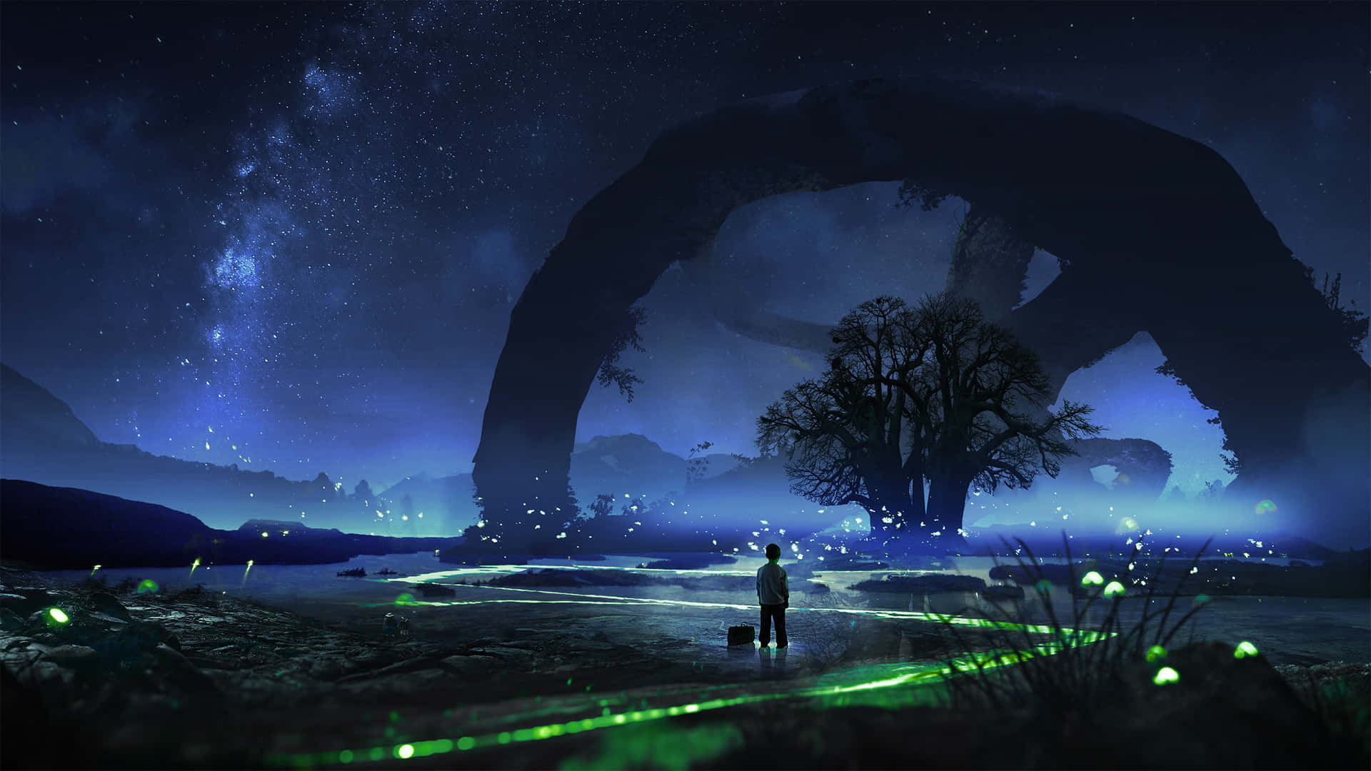 Firefly HD, starry night sky, ethereal green lights, Full HD Desktop Wallpaper