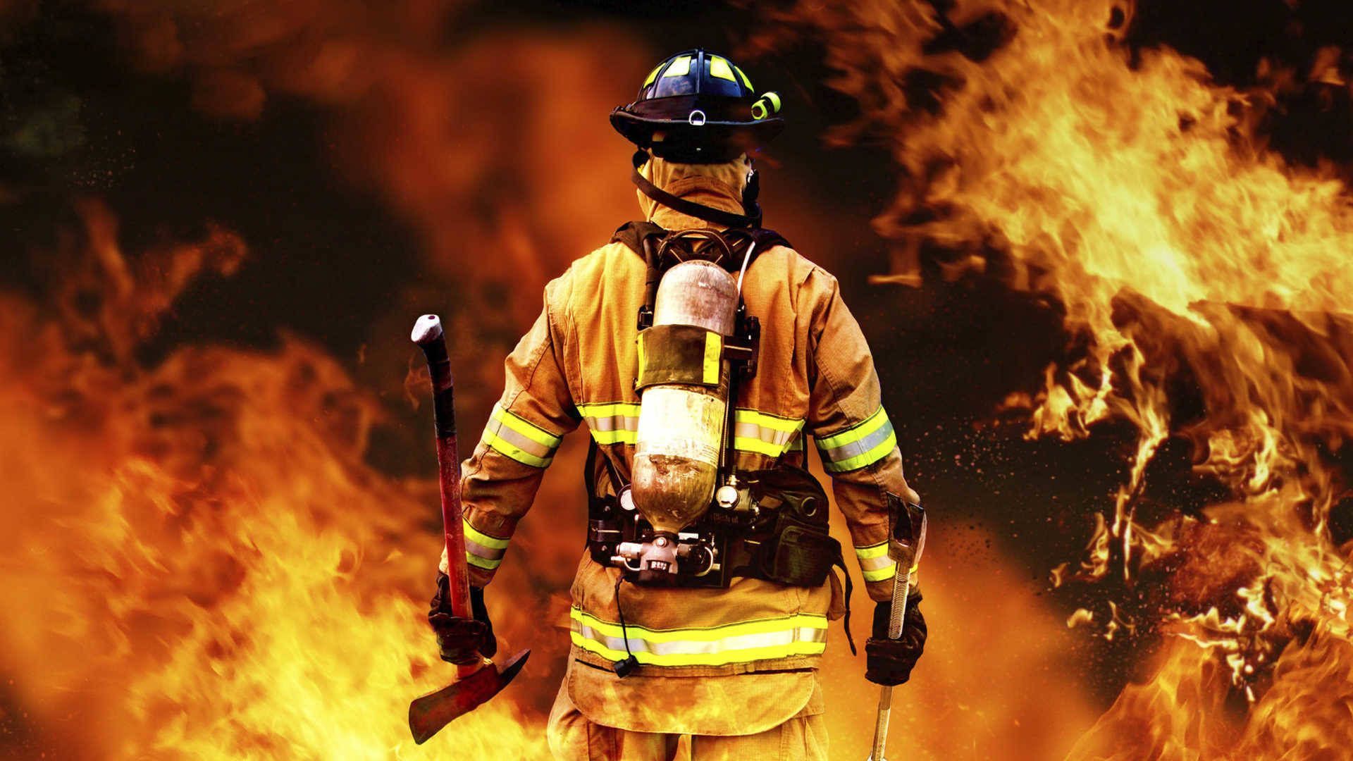 firefighter, full gear, roaring flames, Full HD Desktop Wallpaper