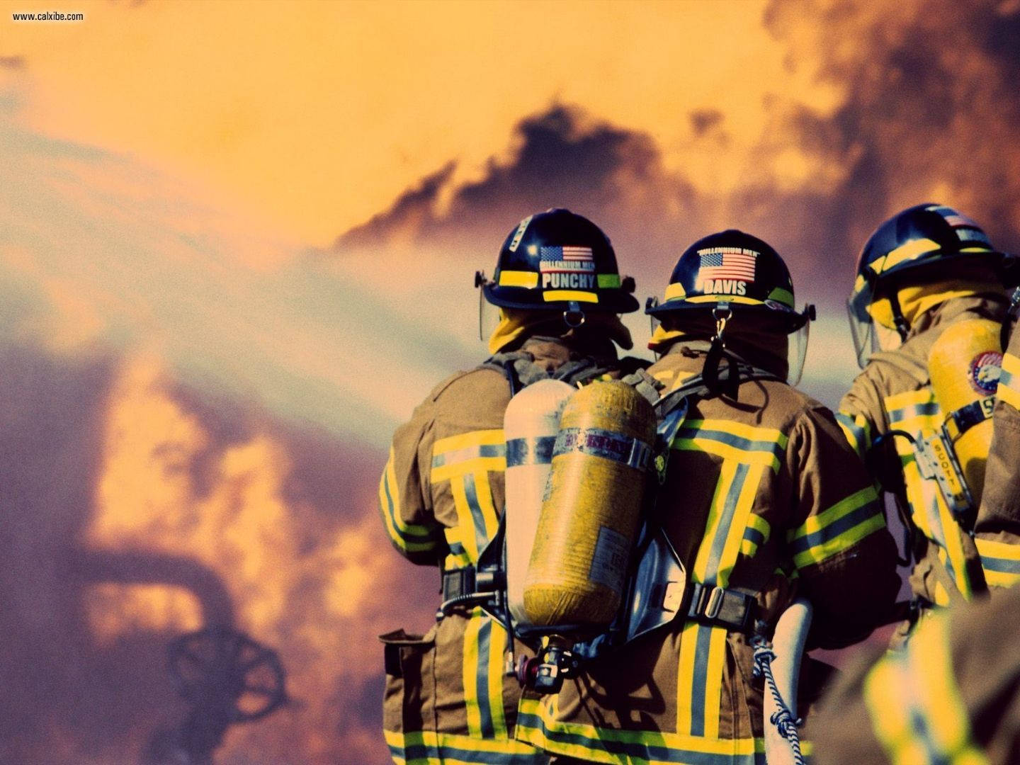 fireman, yellow gear, fiery orange smoke, HD Desktop Wallpaper
