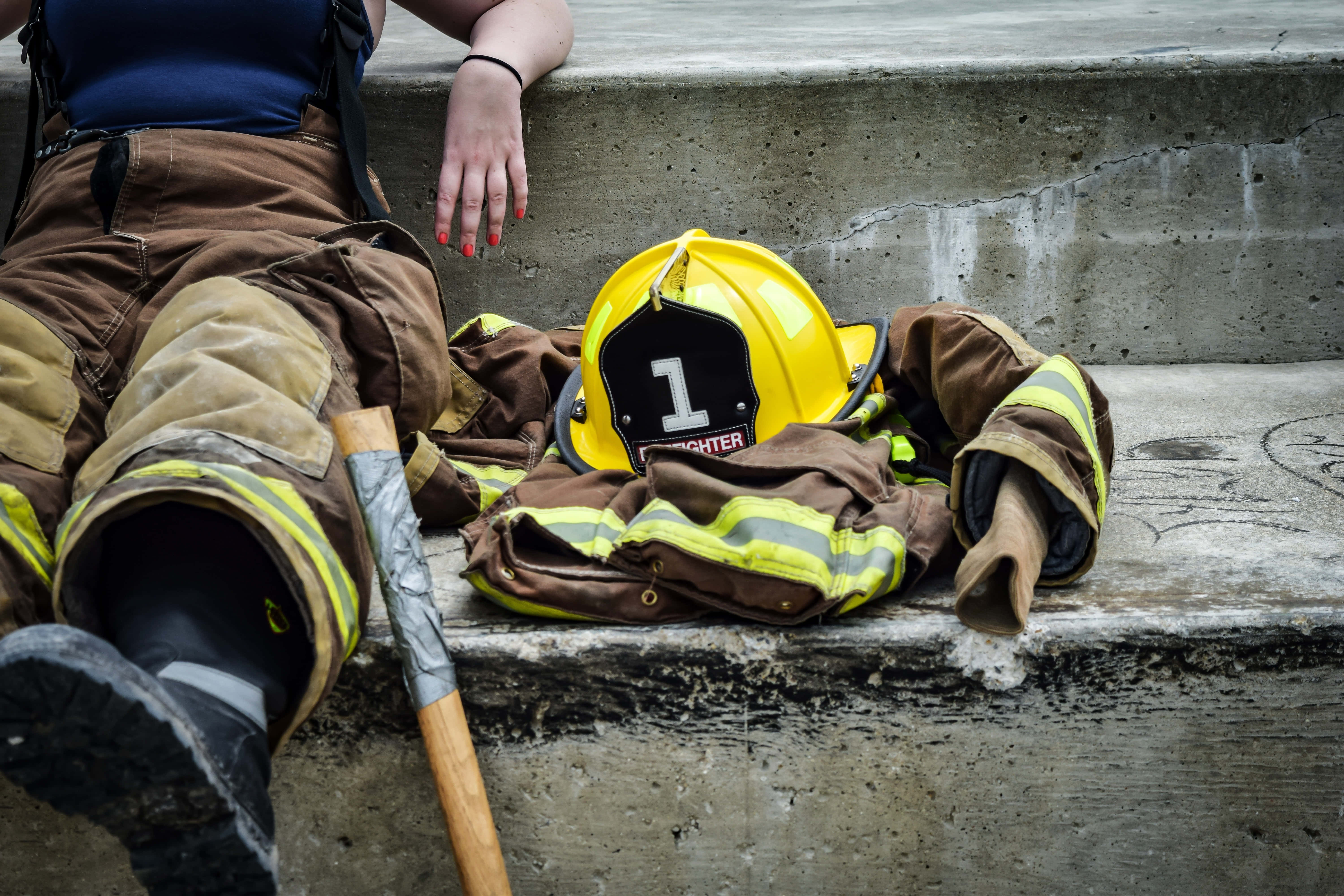 firefighter, full gear, concrete steps, 5K Desktop Wallpaper