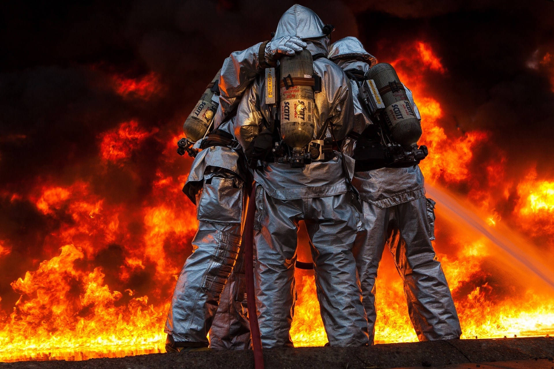 fireman, reflective gear, hoses, Full HD Desktop Wallpaper