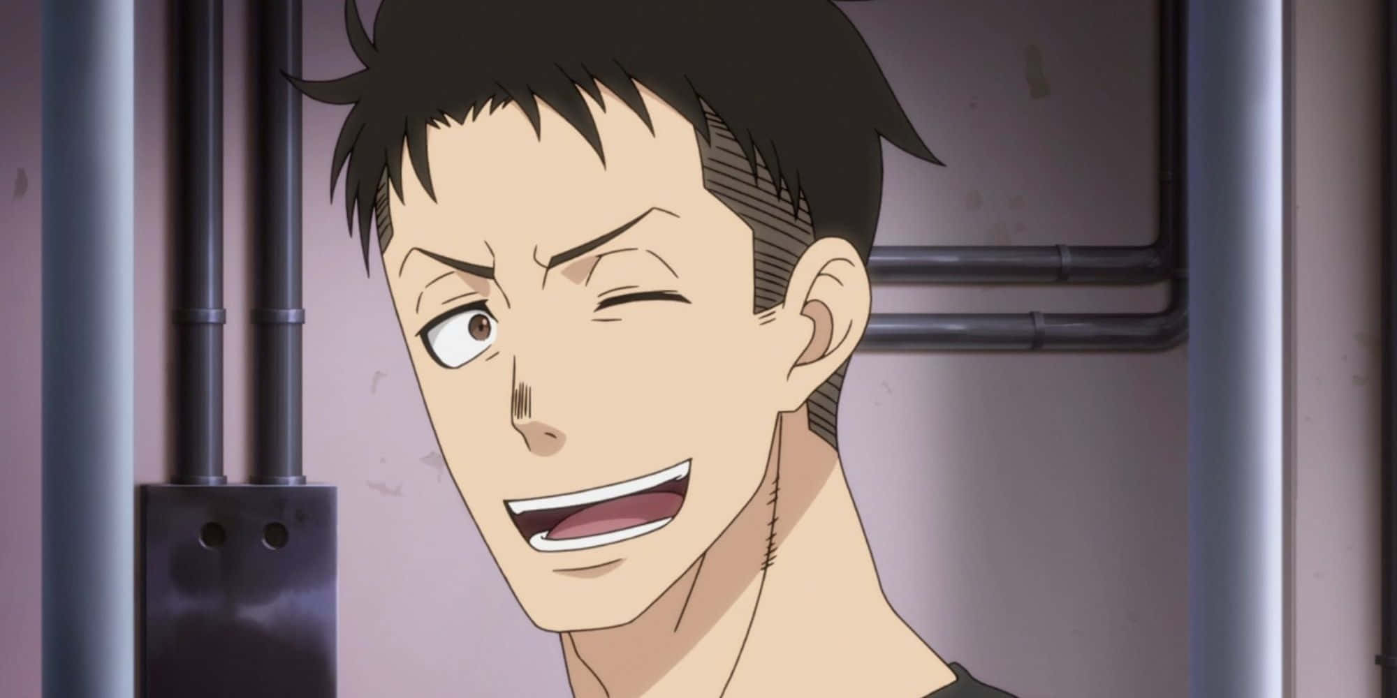 animated firefighter, spiky black hair, winks and grins widely, Full HD Desktop Wallpaper