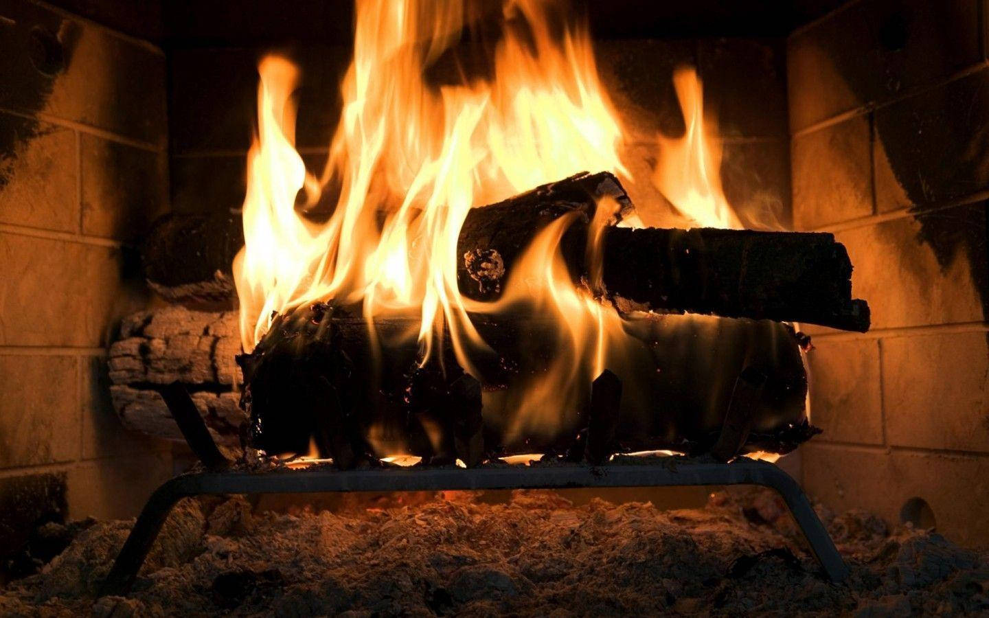 burning logs, stone fireplace, warm golden light, HD Desktop Wallpaper