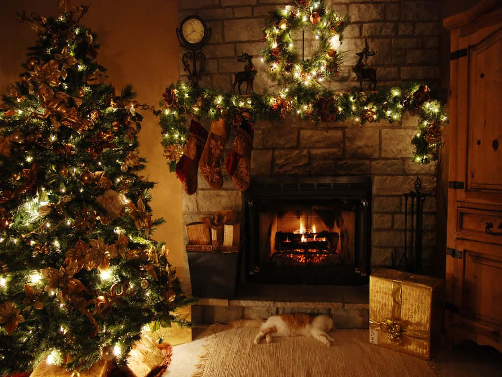Christmas, fireplace, decorated tree, SD Desktop Wallpaper