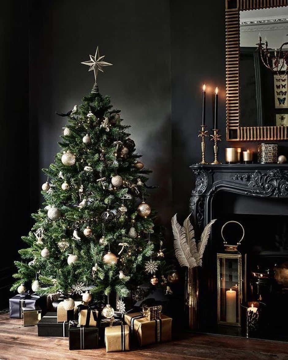 Farmhouse Christmas Tree, gold and black ornaments, ornate black fireplace, SD Phone Wallpaper