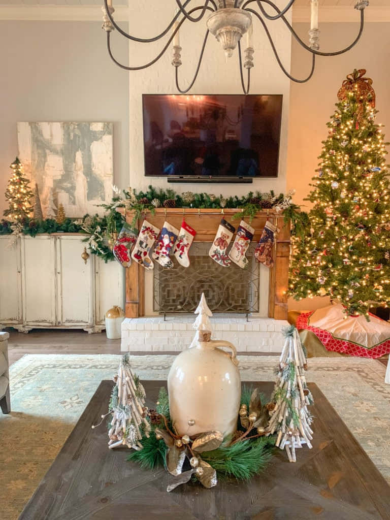 farmhouse christmas, fireplace, stockings, SD Phone Wallpaper