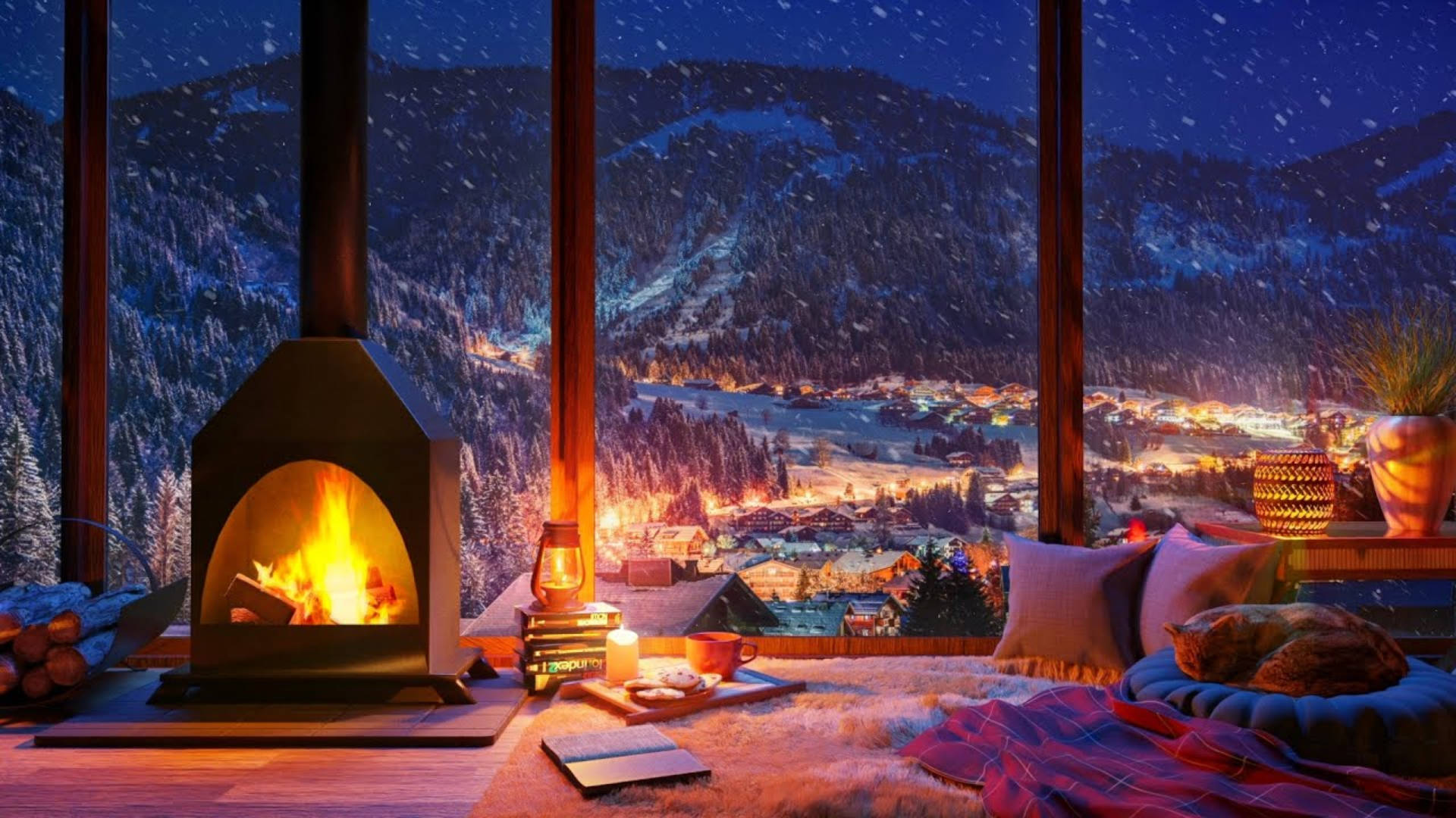 cozy winter evening, roaring fireplace, snow-covered mountain village, Full HD Desktop Wallpaper