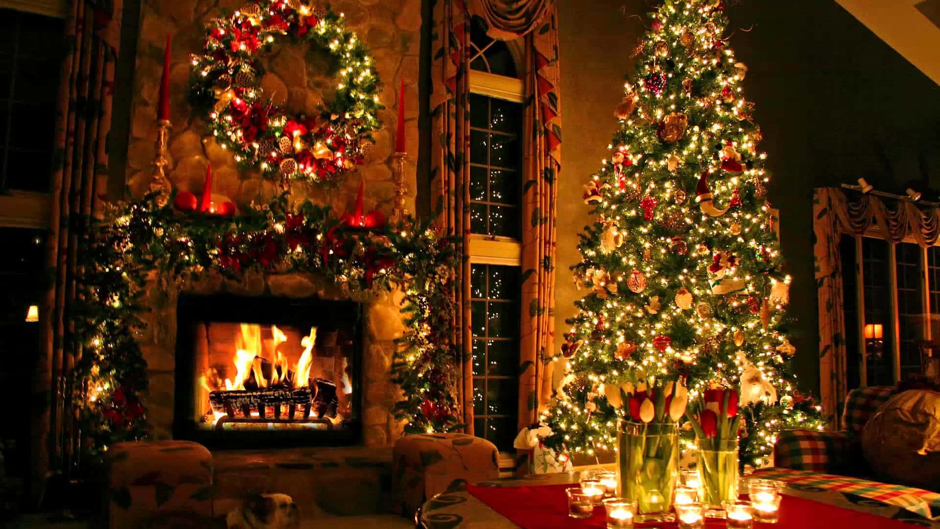 fireplace, Christmas tree, glowing fireplace, Full HD Desktop Wallpaper