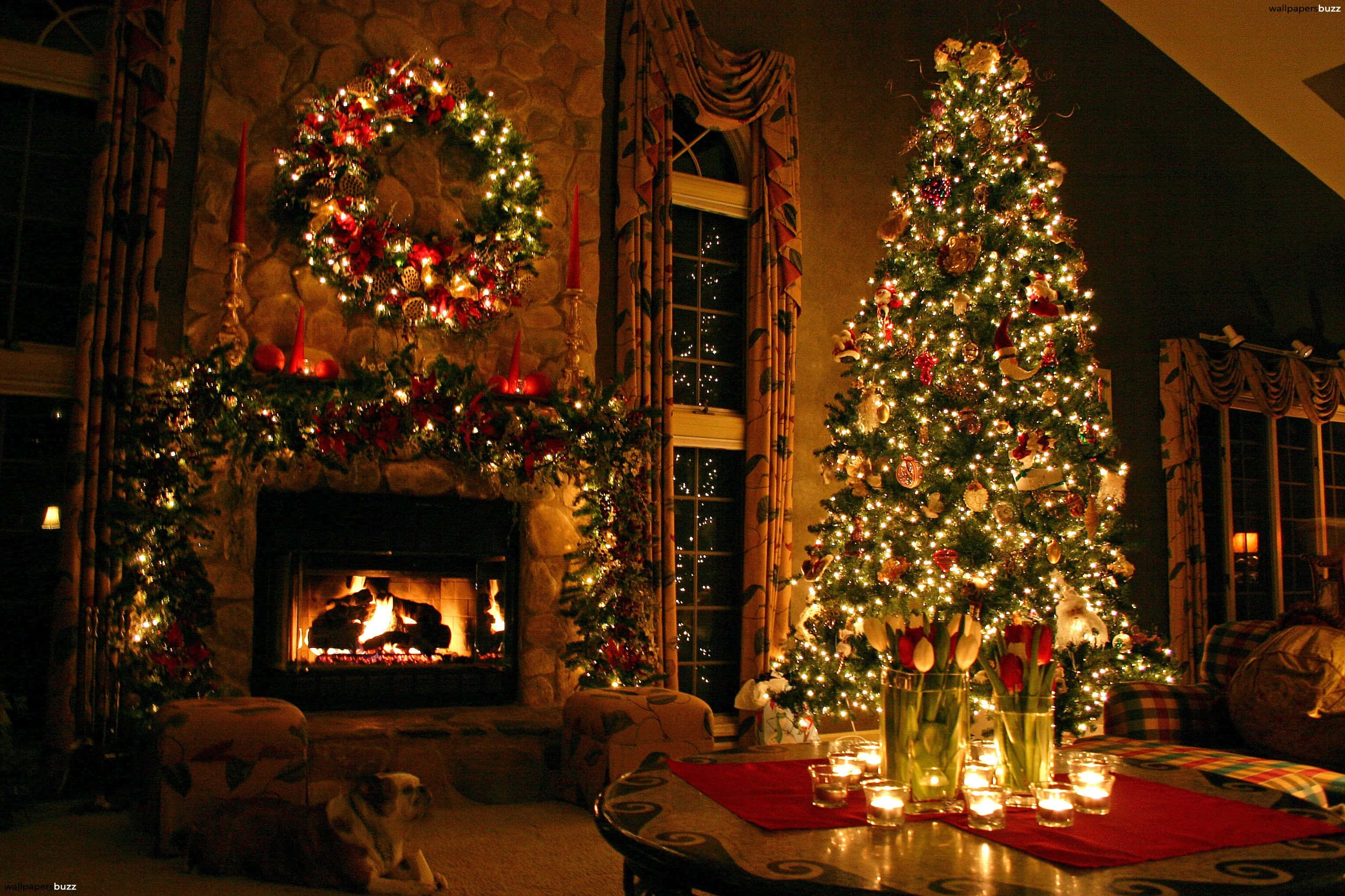 Christmas Eve, glowing fireplace, decorated tree, 2K Desktop Wallpaper