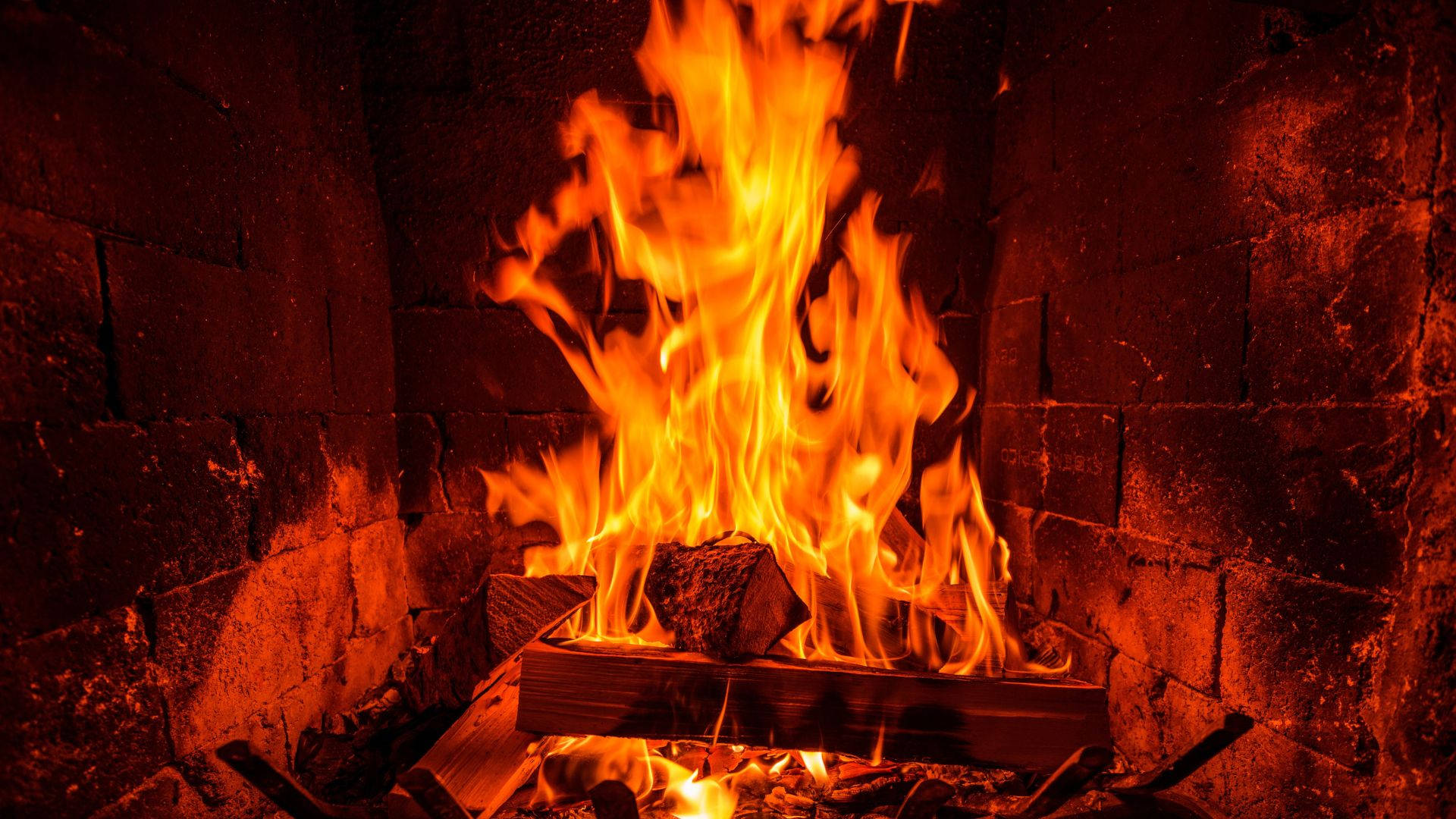 chimney fireplace, rustic stone fireplace, orange flames, Full HD Desktop Wallpaper
