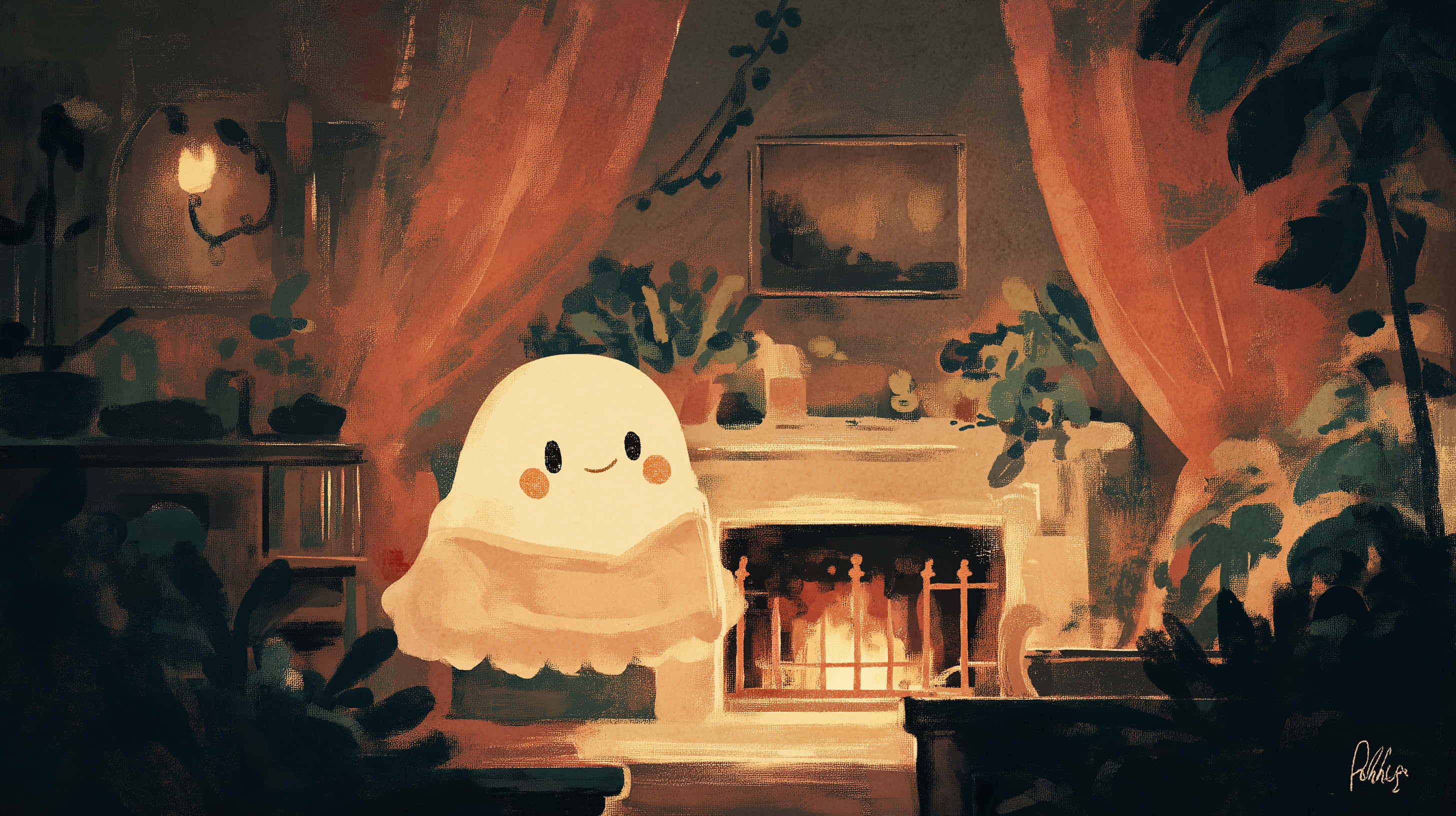 smiling ghost, fireplace, cozy dimly lit room, 2K Desktop Wallpaper