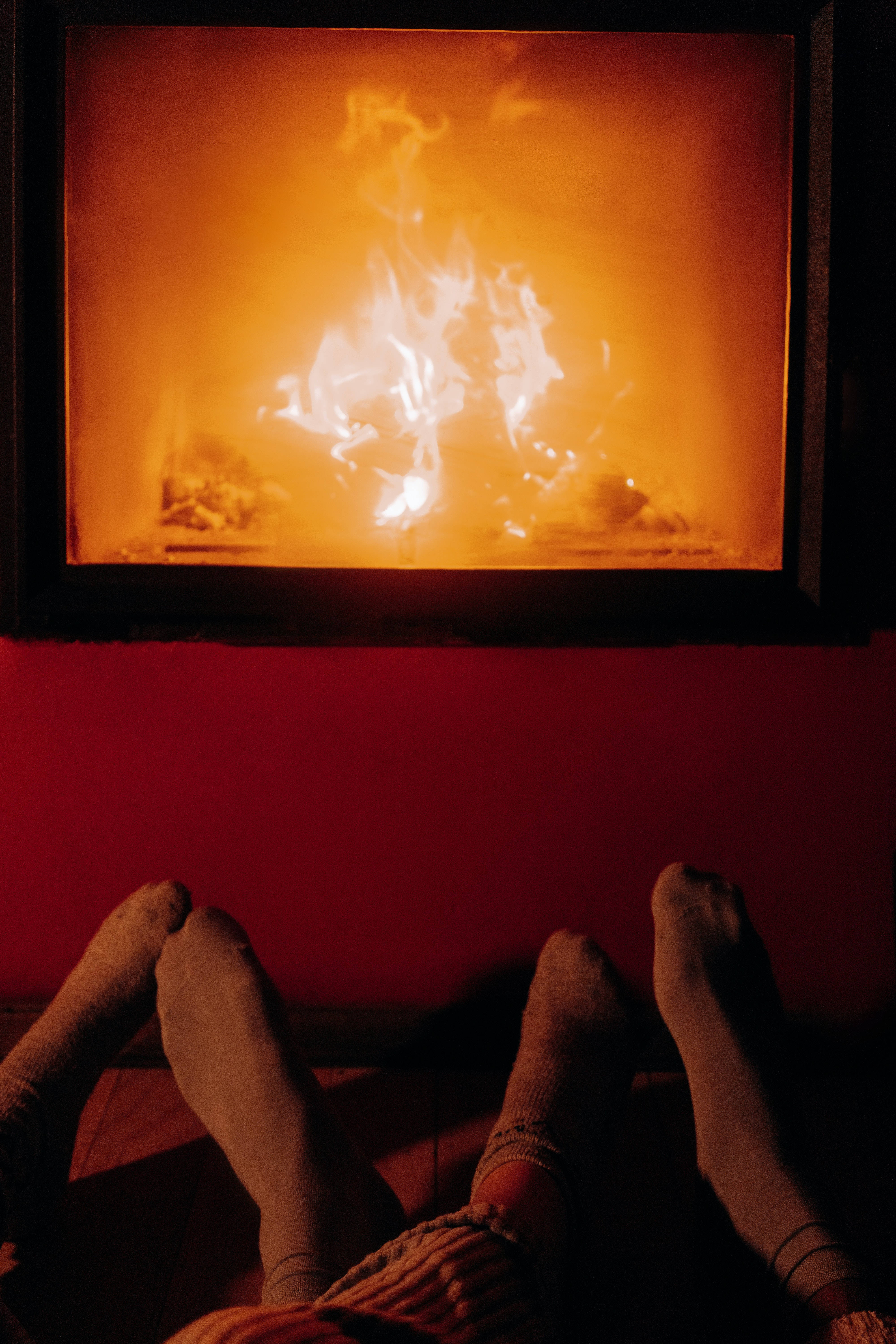 fireplace, glowing fireplace, warm orange light, 5K Phone Wallpaper