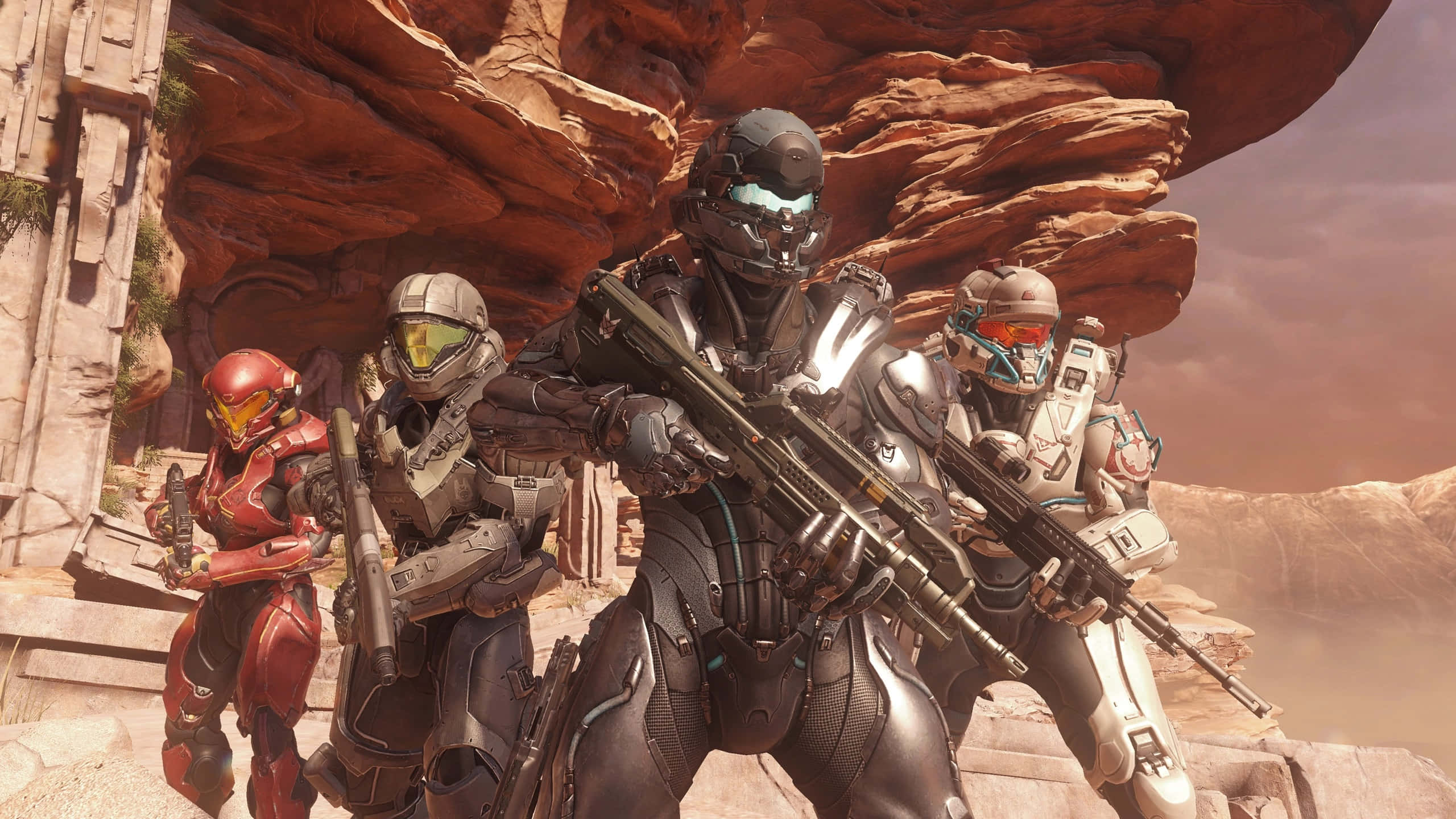 Fireteam Osiris, futuristic gear, rocky desert canyon, 2K Desktop Wallpaper