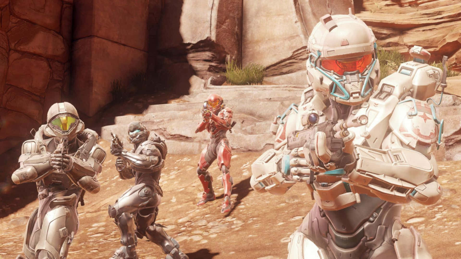 Fireteam Osiris, futuristic combat gear, sunlit rocky canyon, Full HD Desktop Wallpaper