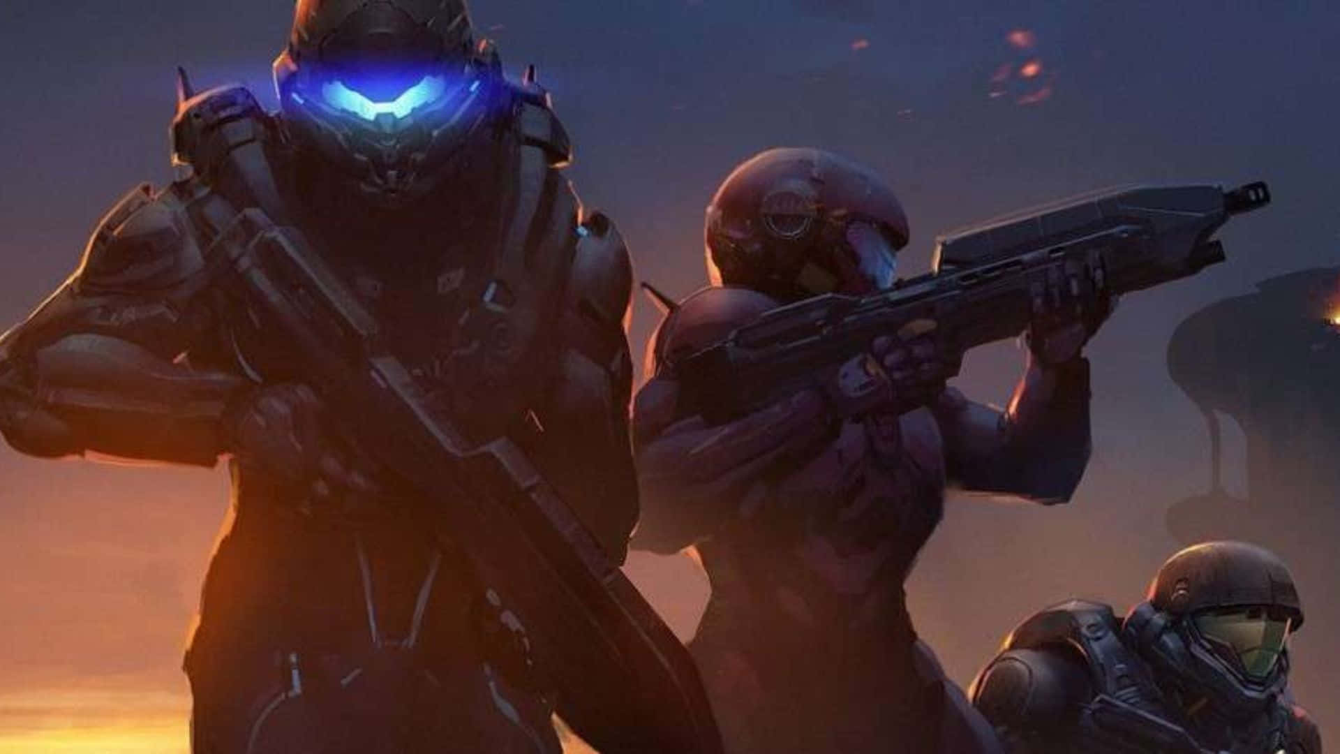 Fireteam Osiris, glowing visors, fiery sunset sky, Full HD Desktop Wallpaper
