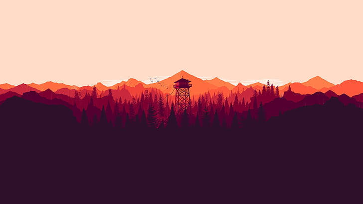 Firewatch, silhouetted fire lookout tower, pine forests, SD Desktop Wallpaper