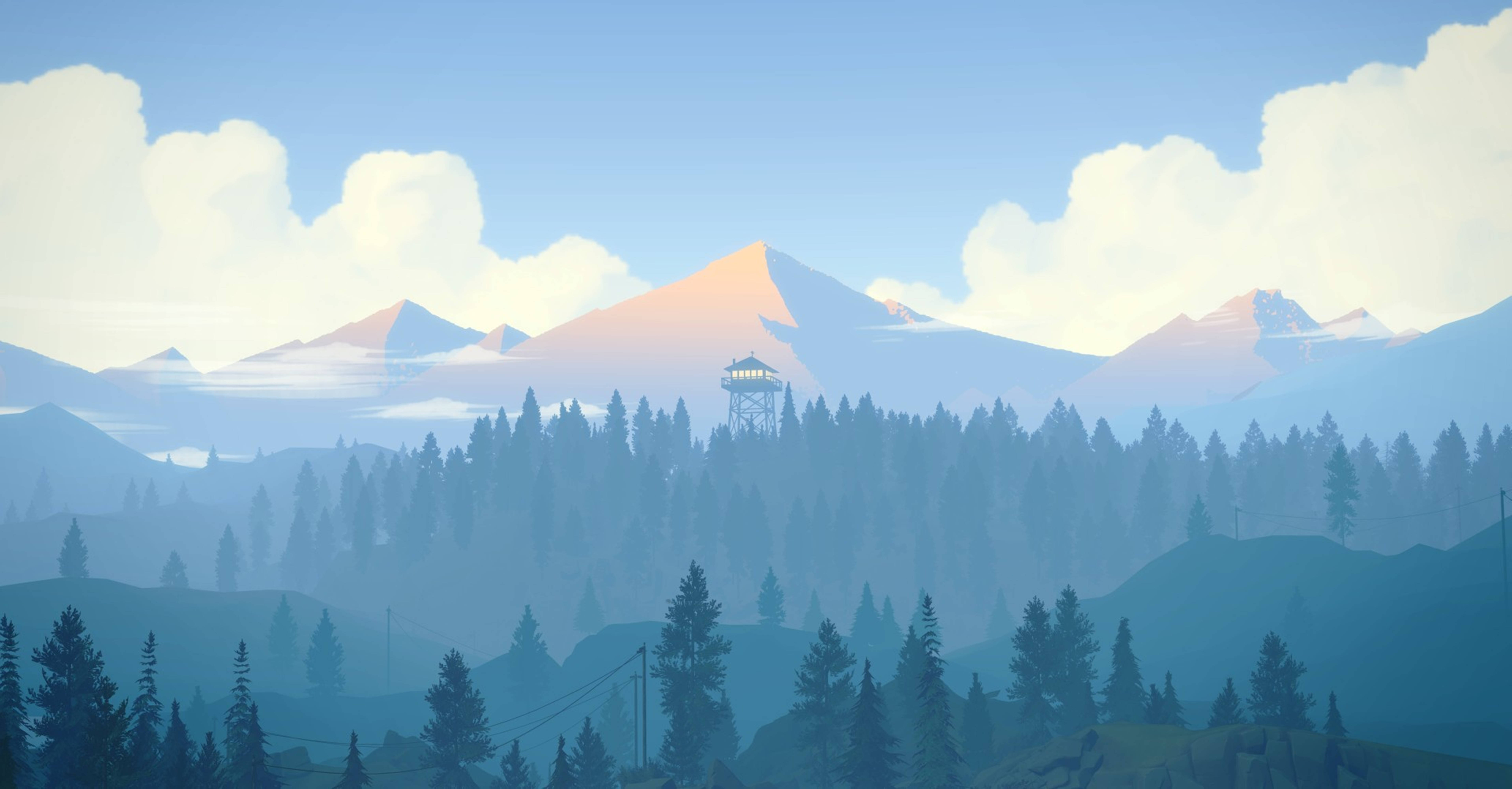 Firewatch, soft pastel mountains, watchtower, 5K Desktop Wallpaper