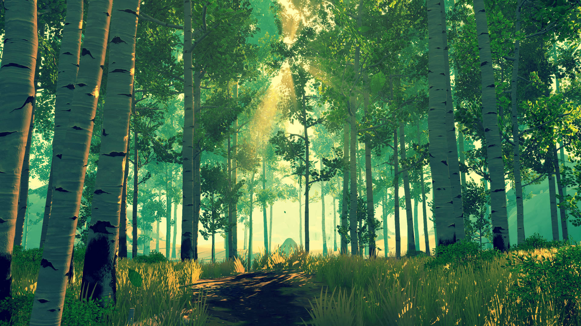 Firewatch, birch trees, golden beams, Full HD Desktop Wallpaper