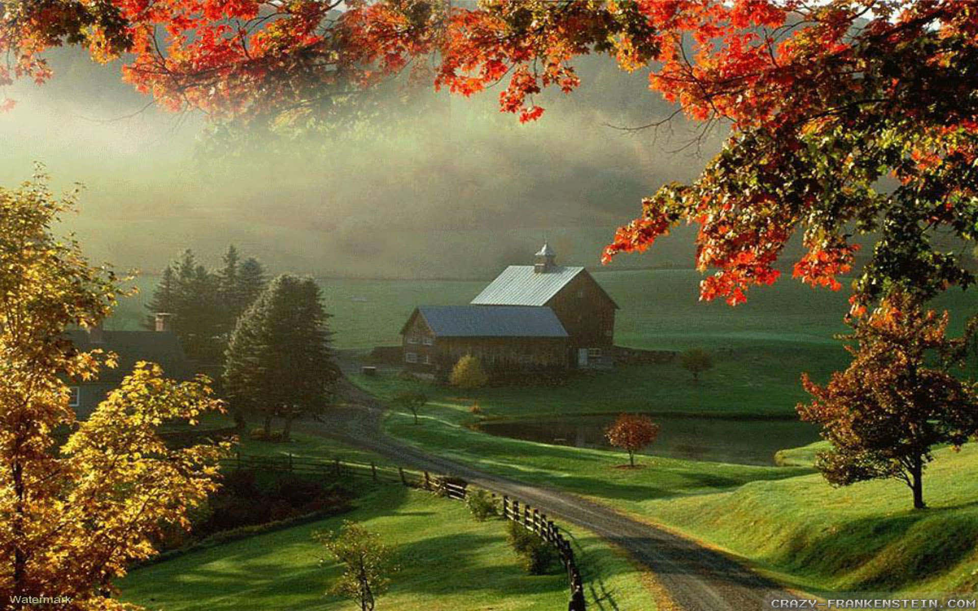 early fall, rustic barn, misty autumn valley, Full HD Desktop Wallpaper