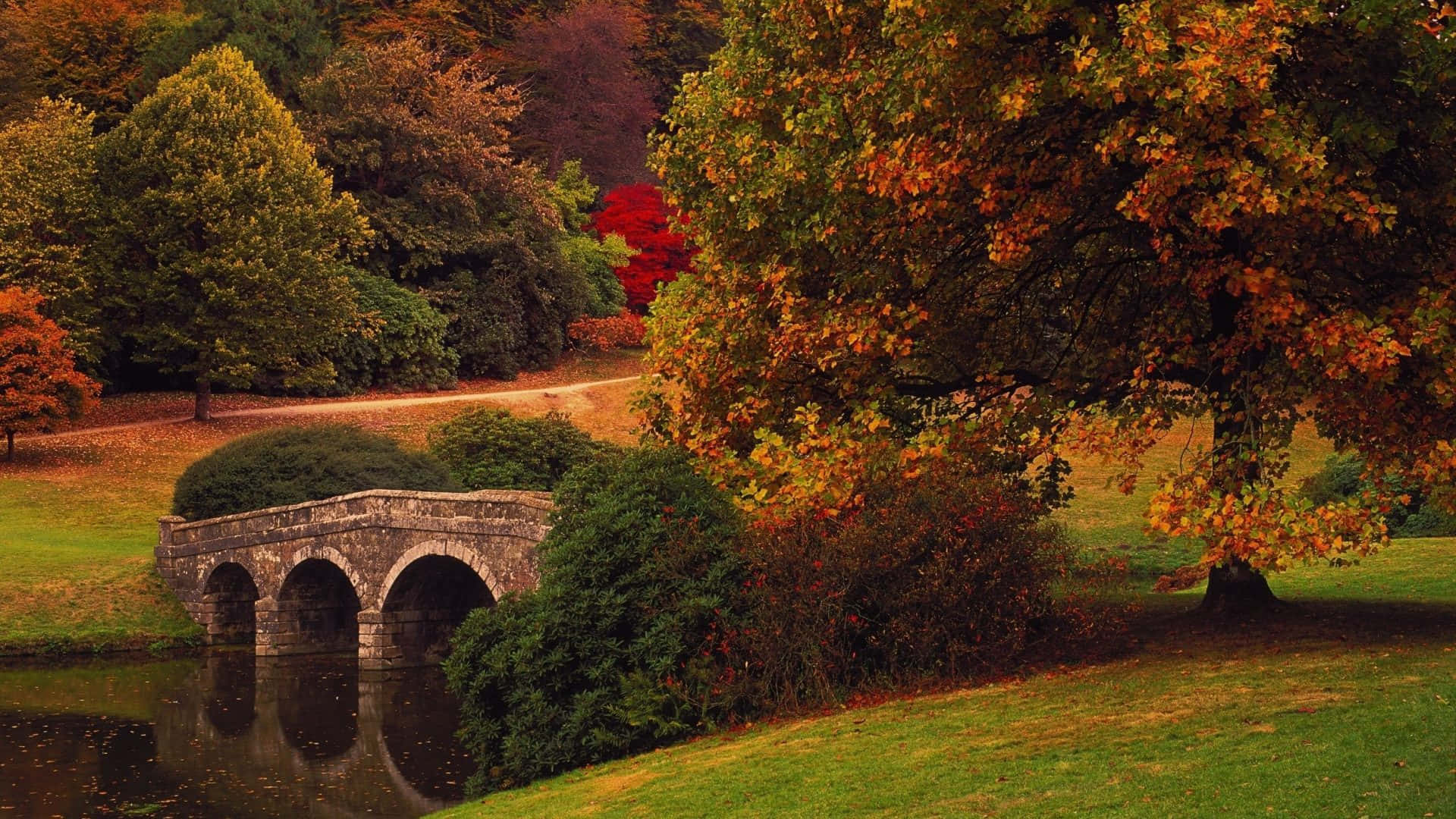 First Day Of Fall, stone bridge, calm pond, Full HD Desktop Wallpaper