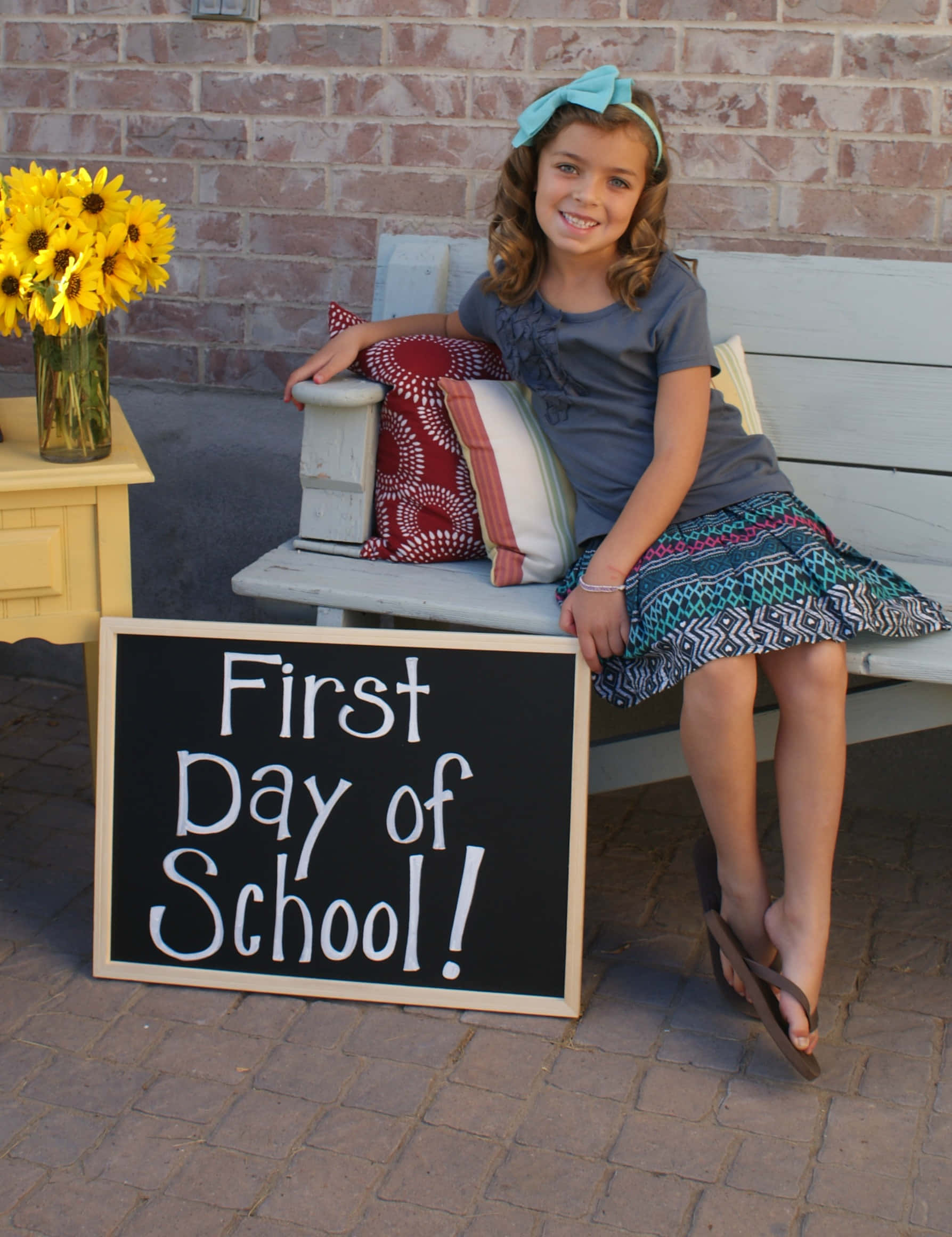First Day of School!, sunflowers, patterned skirt, Full HD Phone Wallpaper
