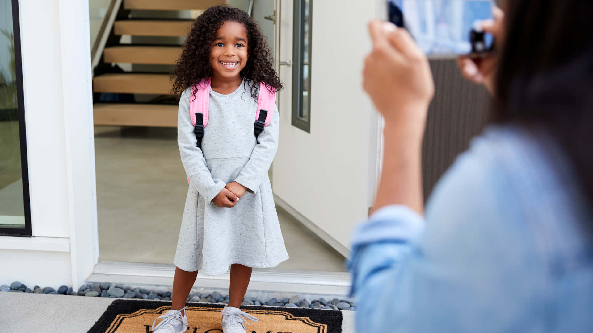 first day of school, grey dress, pink backpack, Full HD Desktop Wallpaper