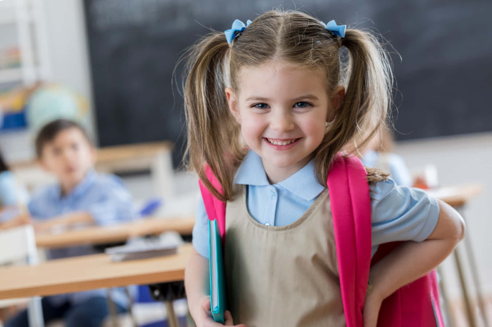 First Day of School, pigtails, pink backpack, HD Desktop Wallpaper