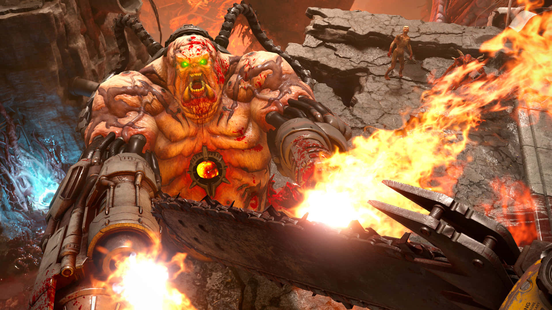 First-person Shooter Games, flaming chainsaw, glowing green eyes, Full HD Desktop Wallpaper
