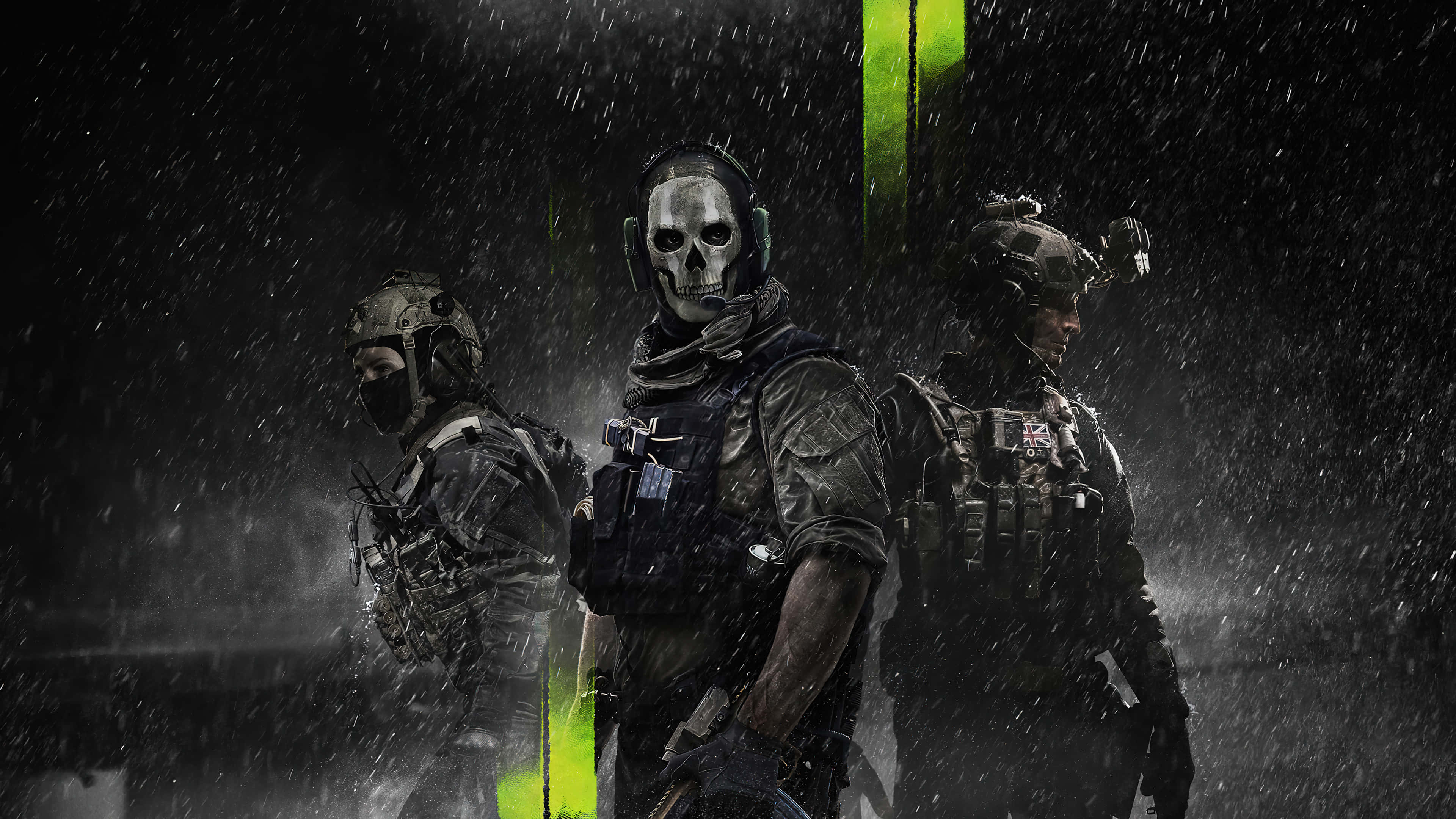 neon green light, skull masks, tactical gear, 4K Desktop Wallpaper
